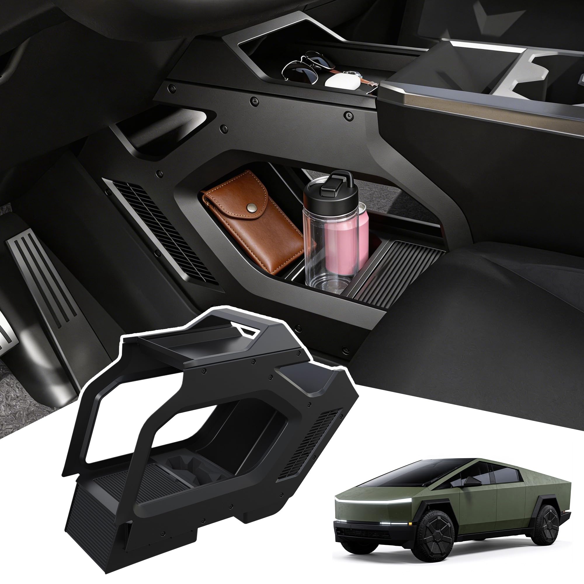 Fiaypoy Center Console Organizer Compatible with Tesla Cybertruck 2023–2025,Double-Layer Storage Tray,Interior Console Storage Solution(Black)