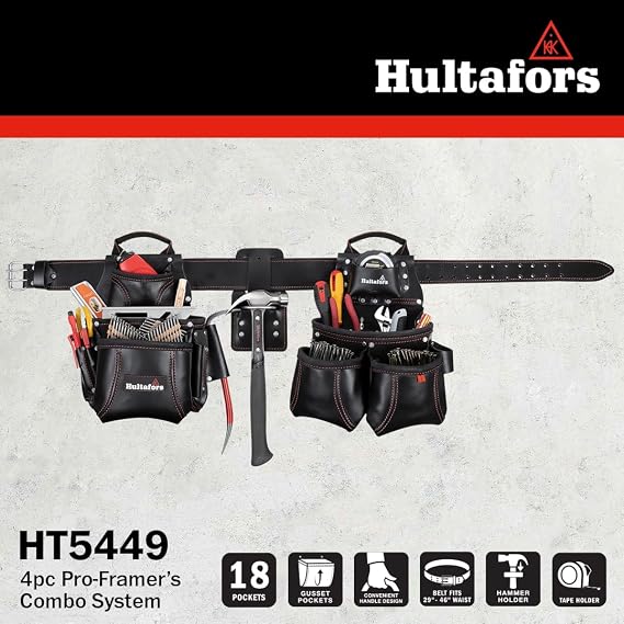 Hultafors Work Gear HT5449 4 Piece Premium Leather Pro-Framer's Combo System, Tool Belt, Double-Gusset Front Pockets, Molded Tape Holder, Leather Sleeves for Pry Bar, Combination Square, 18 Pockets