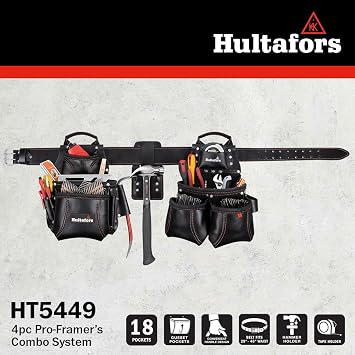 Hultafors Work Gear HT5449 4 Piece Premium Leather Pro-Framer's Combo System, Tool Belt, Double-Gusset Front Pockets, Molded Tape Holder, Leather Sleeves for Pry Bar, Combination Square, 18 Pockets