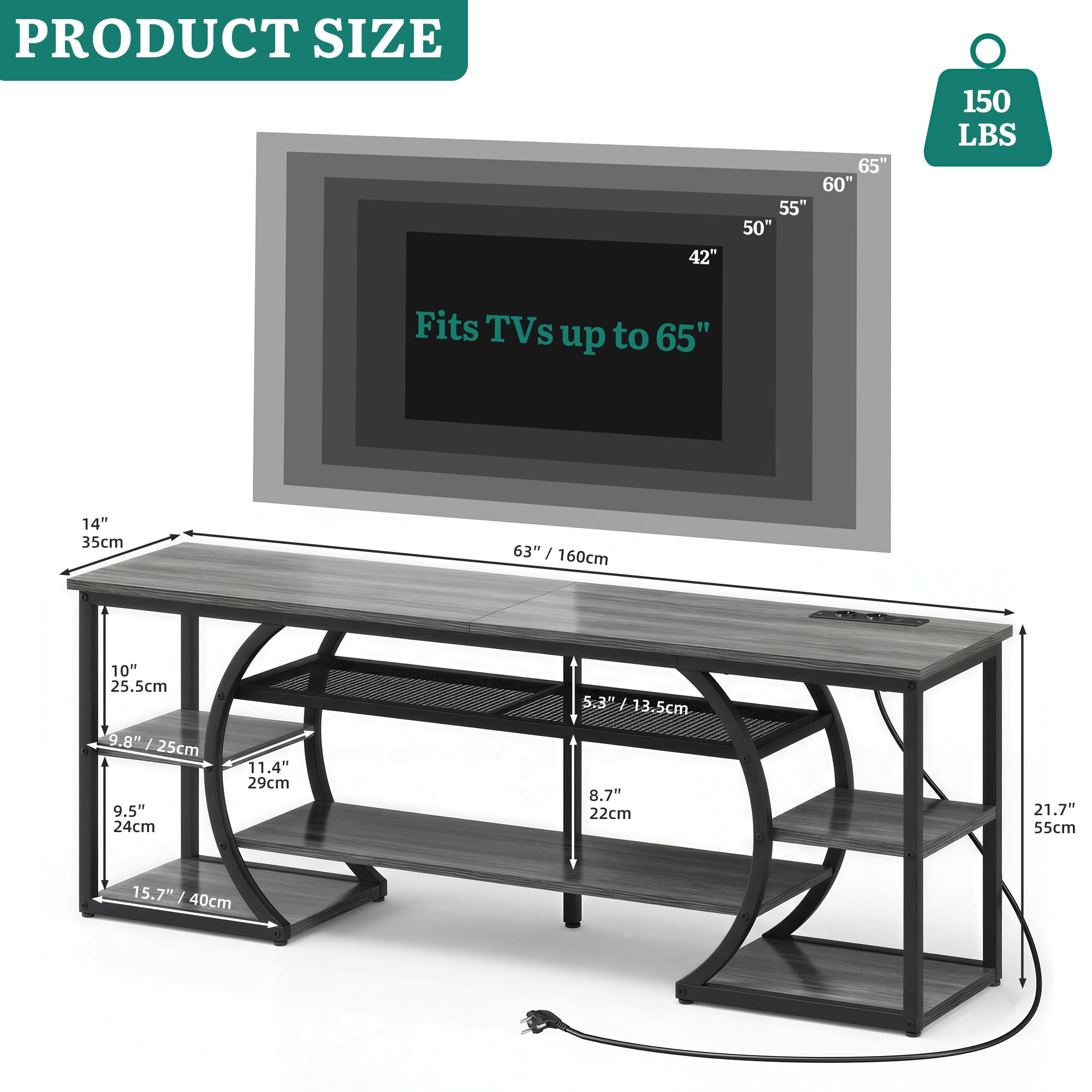 YITAHOME Meuble TV sur Pied de 160 cm avec 2 Prises AC et 2 USB pour téléviseur jusqu'à 70" avec 7 LED RVB 22 Modes d'éclairage Centre de Divertissement pour Salon et Chambre à Coucher Gris Rustique