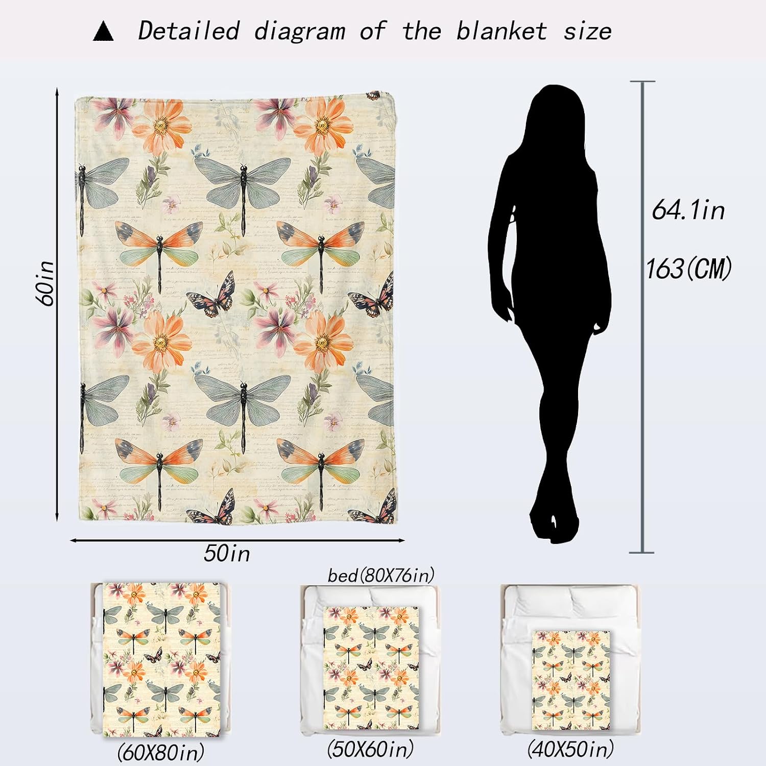 Vintage Dragonfly Blanket - Retro Botanical Floral Butterfly Fleece Throw,Gifts for Adult, Soft & Warm,Lightweight, for Modern Art Decor, Nature Lovers,Room Home Accents 50x60in
