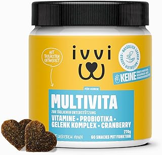 ivvi Multivitamin für Hunde als Leckerli – Rundumversorgung mit Probiotika, B Vitamine, Omega 3, Grünlippmuschel, Cranberry - 60 Snacks (270g) mit Huhn product image