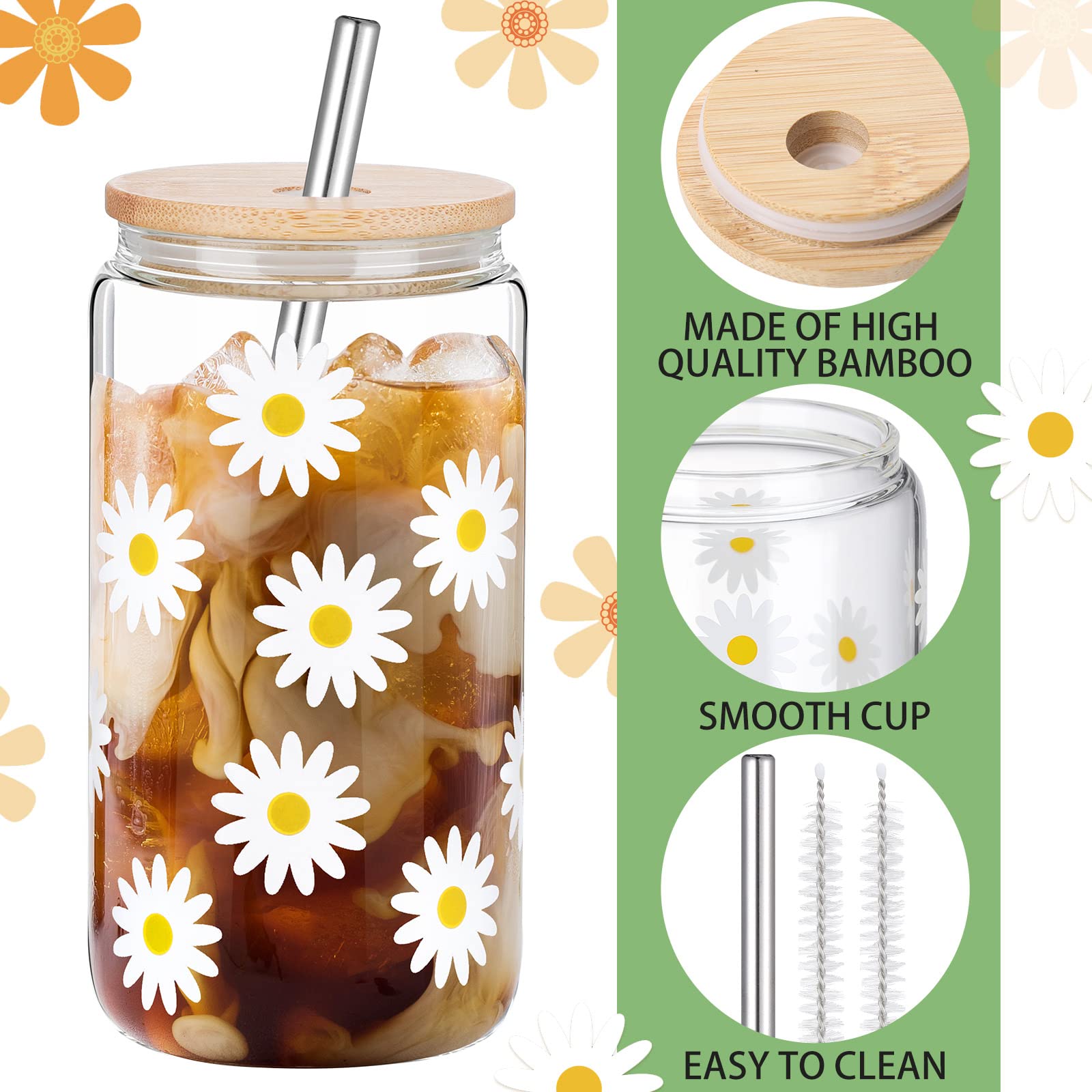 6-Pack Wildflower Glass Cups With Lids & Straws – 16 Oz Bohemian Iced Coffee Tumblers - View #3