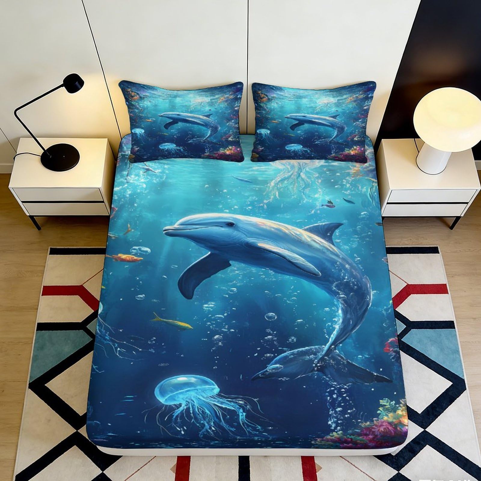 Jqzkxnhpbr Style-4 3D Printed Ocean Dolphin Fitted Sheet Microfiber Soft Blue Sea Jellyfish Mattress Cover For Bedroom Dorm Decor 90X200x25cm