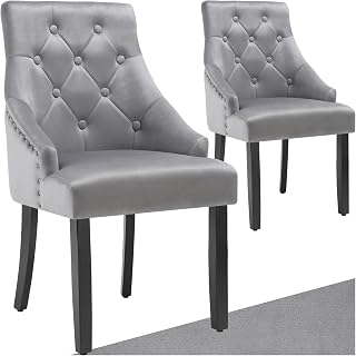 TecTake® Sillas de Comedor Elegantes, Terciopelo, Acolchado, Sillas Comedor, Patas Madera, Silla Nordica, Silla Tocador Maquillaje, Butacas de Salon, Sillas Cocina - 2 Sillas Gris Claro/Negro