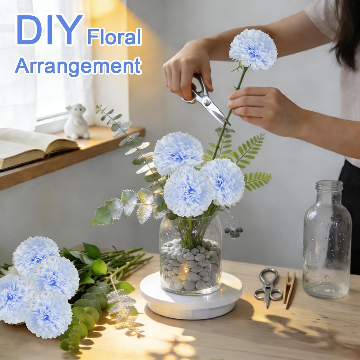 50Pcs Artificial Chrysanthemum Blue Flowers Bulk with Stems Silk Artificial Wedding Flowers for Bridal Bouquets Centerpieces Shower Party DIY Floral Arrangements