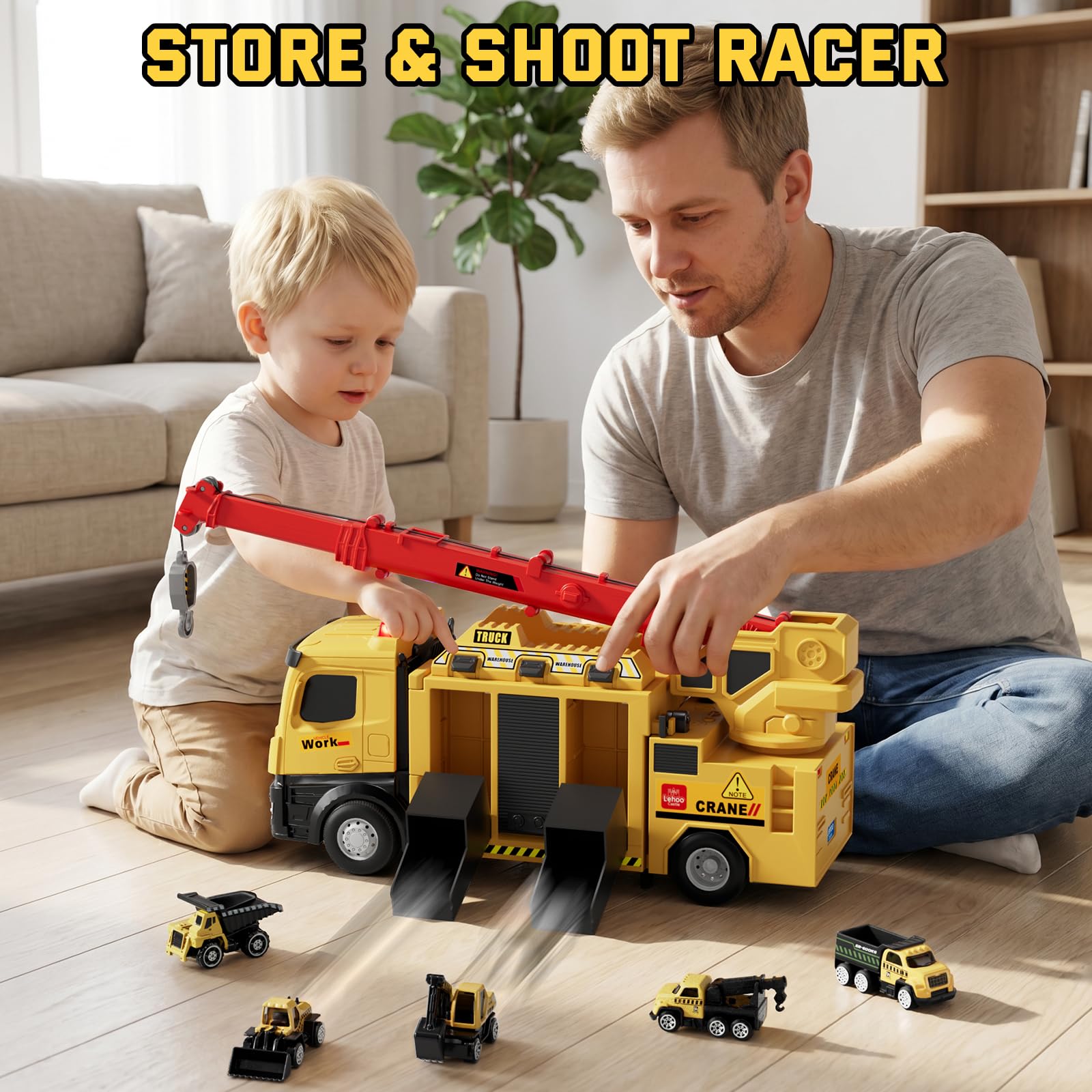 Lehoo Castle Camión de Juguete con Grúa Luz y Sonido, Vehículos de Construcción Regalo para Niños de 3 4 5 6 Años, Garaje Coches Juguete con 6 Mini Excavadora Tractor y Piezas de Construcción