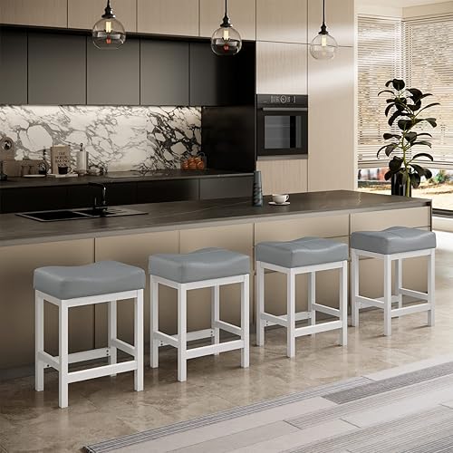 Miniatura 9 de KS861P-LG - Juego de taburetes de bar de 24 pulgadas taburete de cocina de piel sintética grisblanco base de metal KS861P-LG