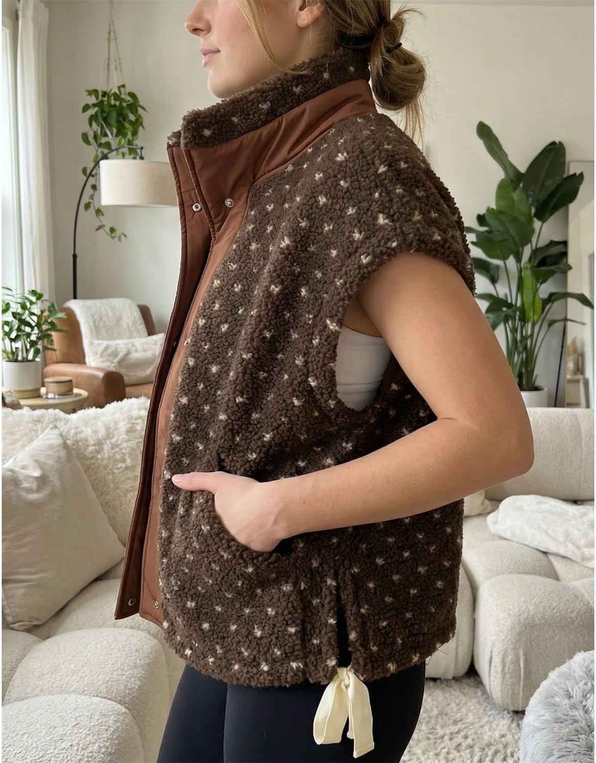 Womens Sherpa Vest Polka Dot Fleece Vests Button Up Cap Sleeve Coats Casual Oversized Warm Winter Outwear