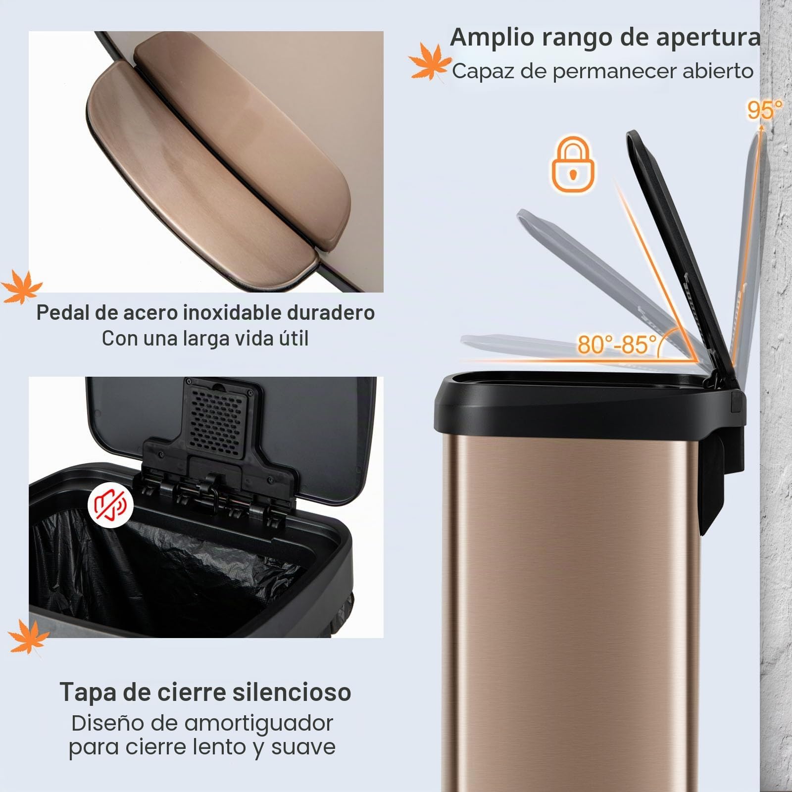 LIFEZEAL Cubo de Basura Rectangular de Acero Inoxidable (50L, Oro) | Cubo de Basura de Cocina con Pedal 50/68L, Caja Antiolor y Tapa de Cierre Suave