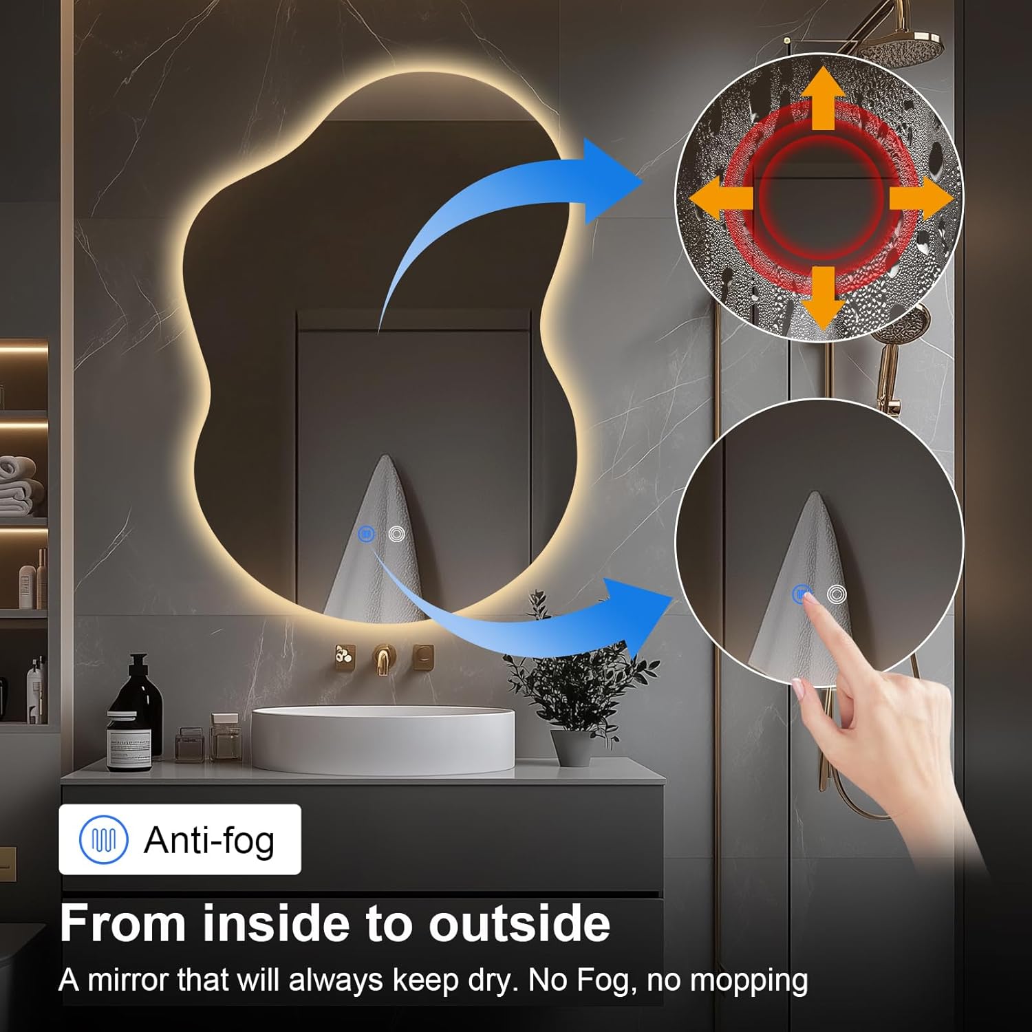 35"x25" Asymmetrical LED Vanity Mirror for Bathroom with Front & Backlit, Anti-Fog, 3 Light Colors, Dimmable, Wall-Mountable [Horizontal/Vertical]