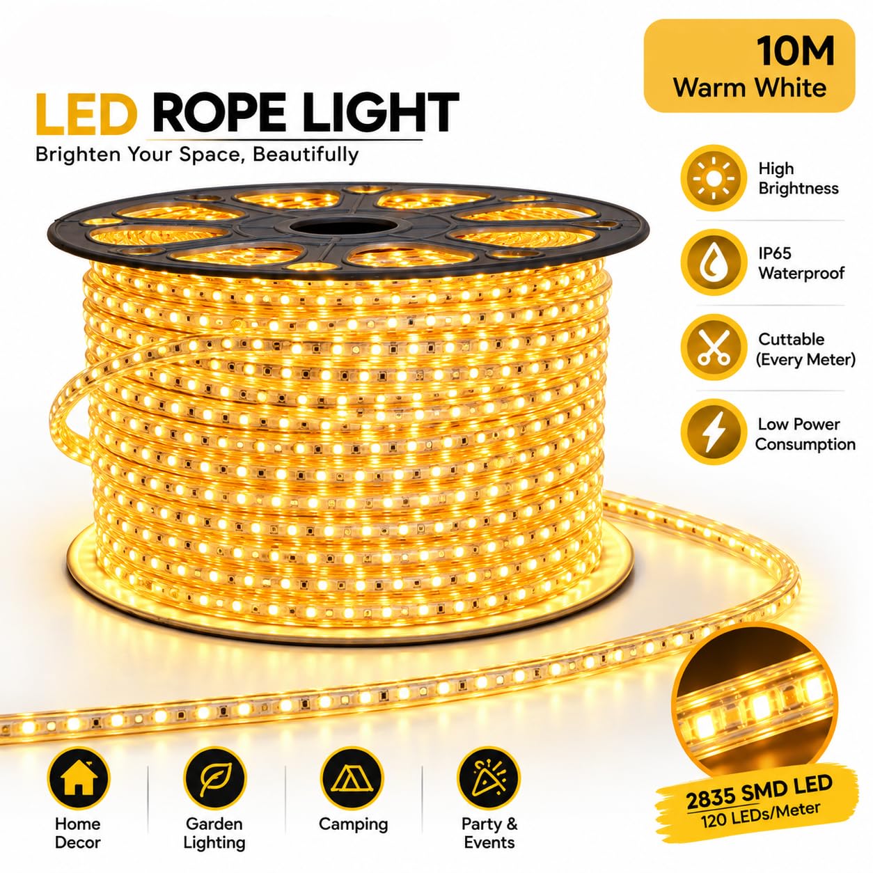 TEQO LED Rope Light - 10M Warm White, Waterproof -2
