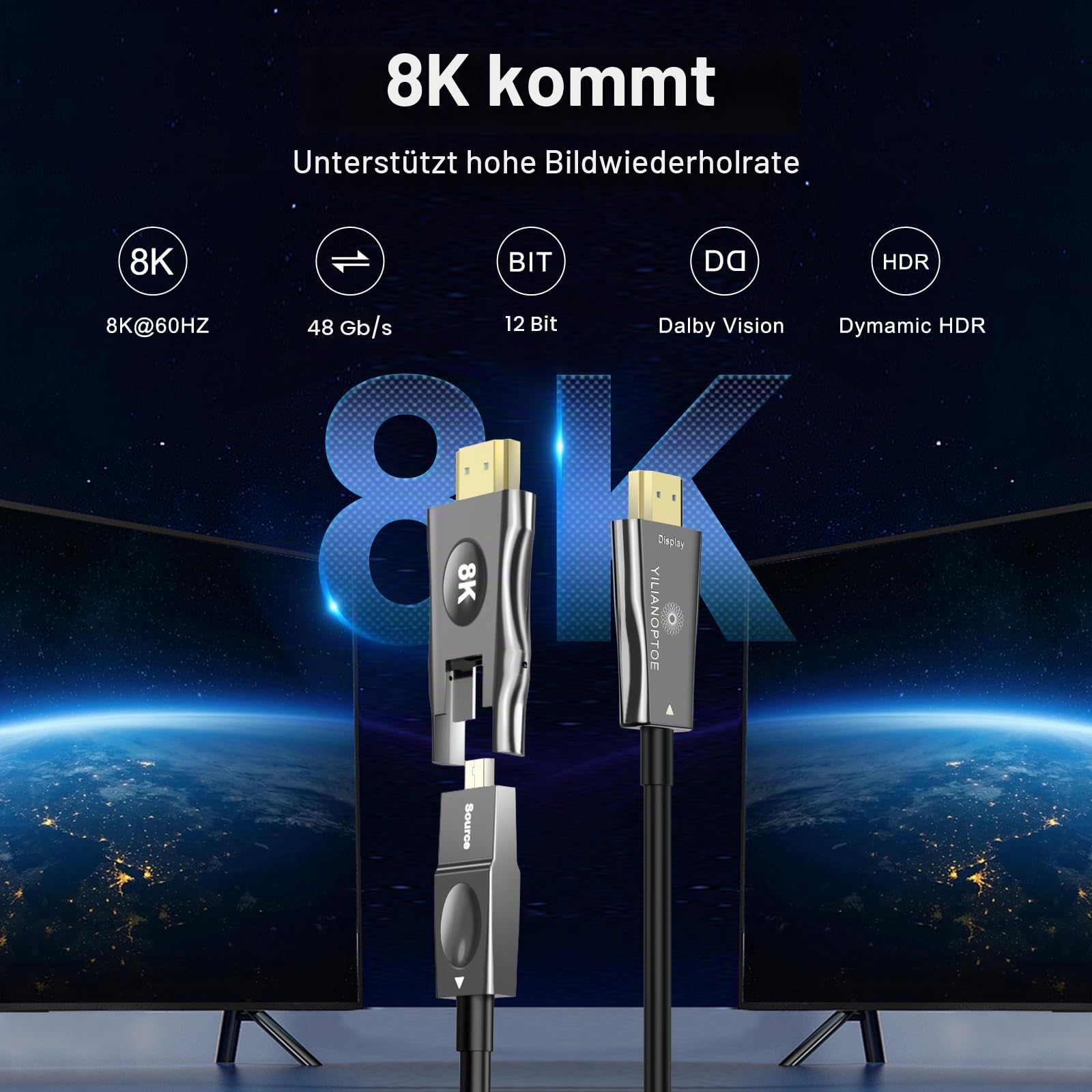 8K Abnehmbares Glasfaser HDMI 2.1 Kabel 7.5M,8K@60 Hz 4K@120 Hz,48 Gbit/s Ultra High Speed HDMI Kabel für PS4/PS5,Xbox X/S,TV,Laptop,Monitor,Projektor in der Wandverkabelung