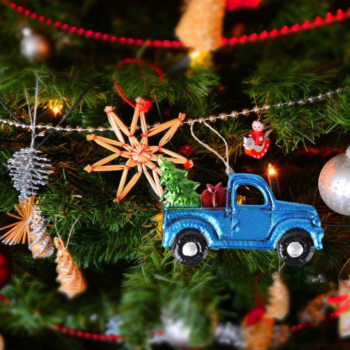 Christmas Pickup Truck Ornament Iron and Glass Pickup Truck Hanging Decoration Carrying Xmas Trees Car Keepsake Vintage Farmhouse Home Decor (Random Car Toward) - Image 7