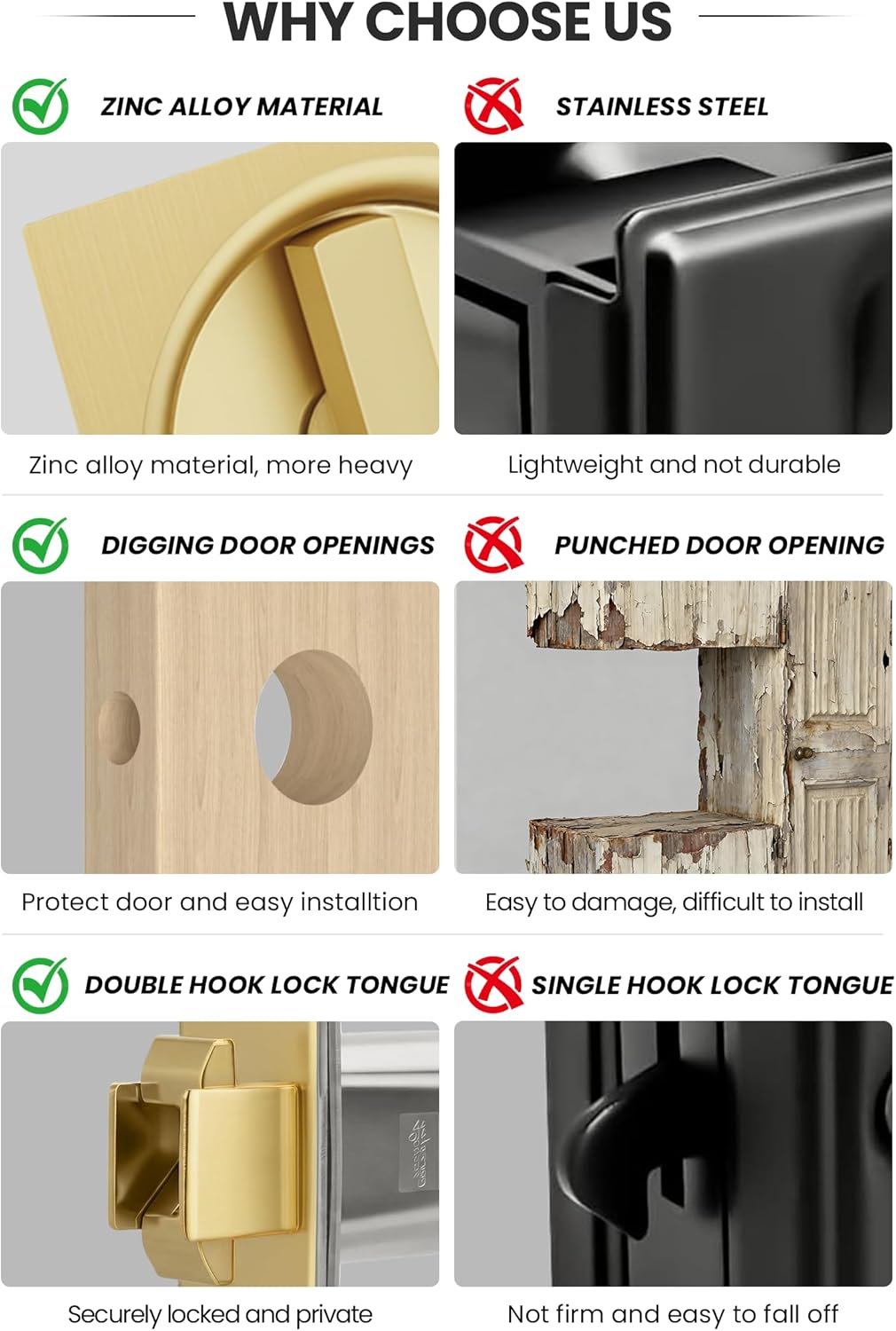 Goldenwarm Brushed Gold Pocket Door Lock with Pull, Square Pocket Door Hardware 2-3/4" Backset, Gold Pocket Door Handles 1 Pack