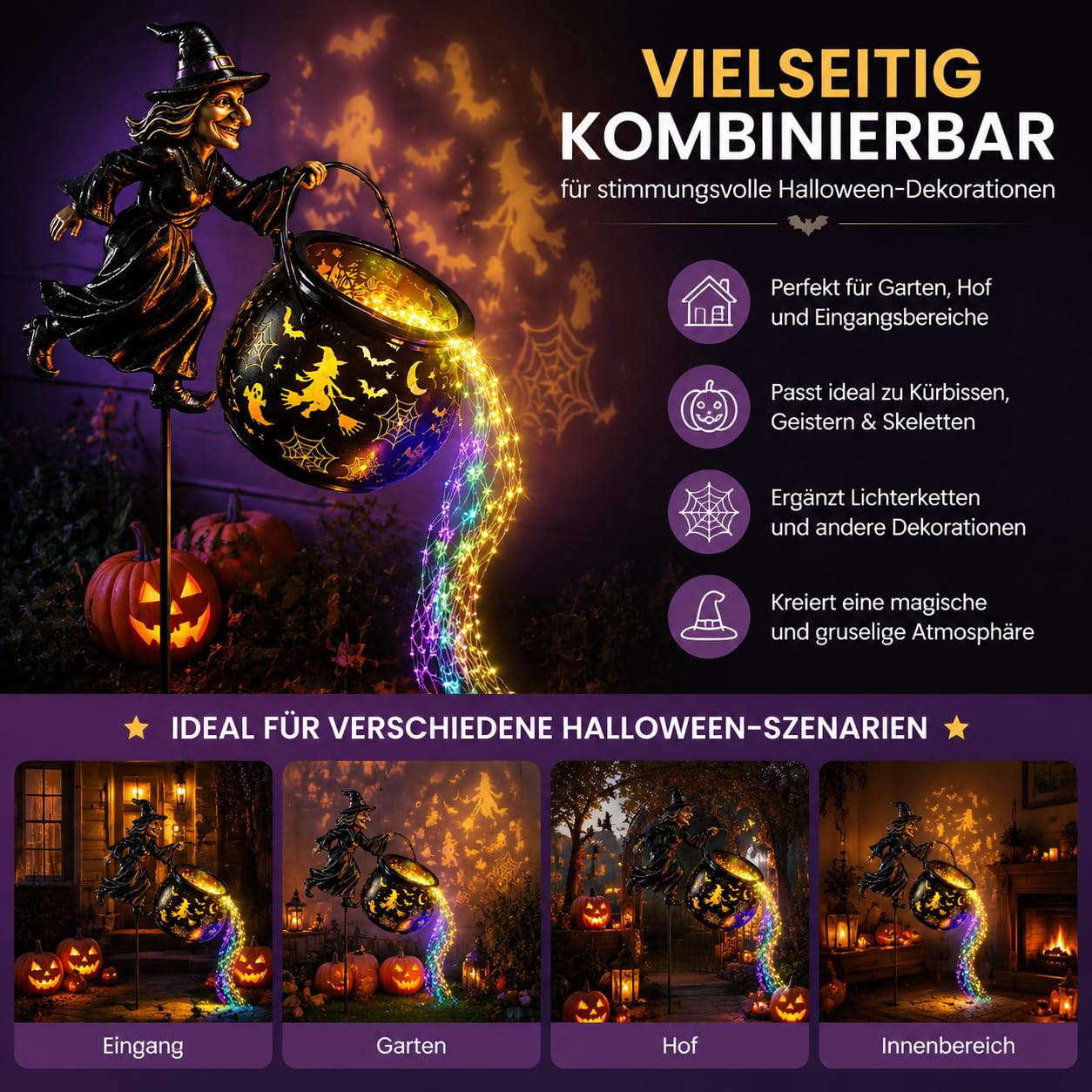 Leuchtender Halloween-Hexenkessel Mit Hexe, Halloween Witch Cauldron Garden Light, Wasserdichte HäNgelaterne – AußEndekoration FüR Gartenbeete (2PCS)