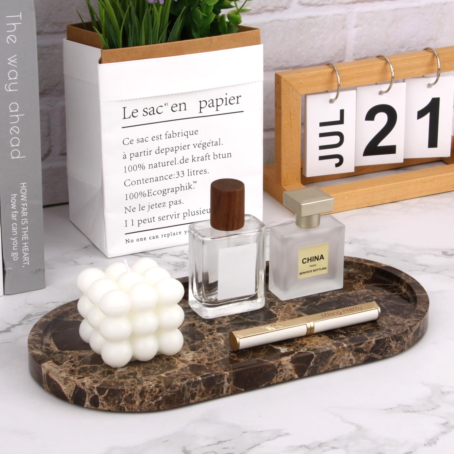 Bandeja Ovalada de Mármol, Marrón Oscuro, 30 x 15 x 2 cm | Natural, Lujo, Bandejas Baño, Decorativas para Perfume, Joyas, Maquillaje, Tejidos, Toallas, Plantas