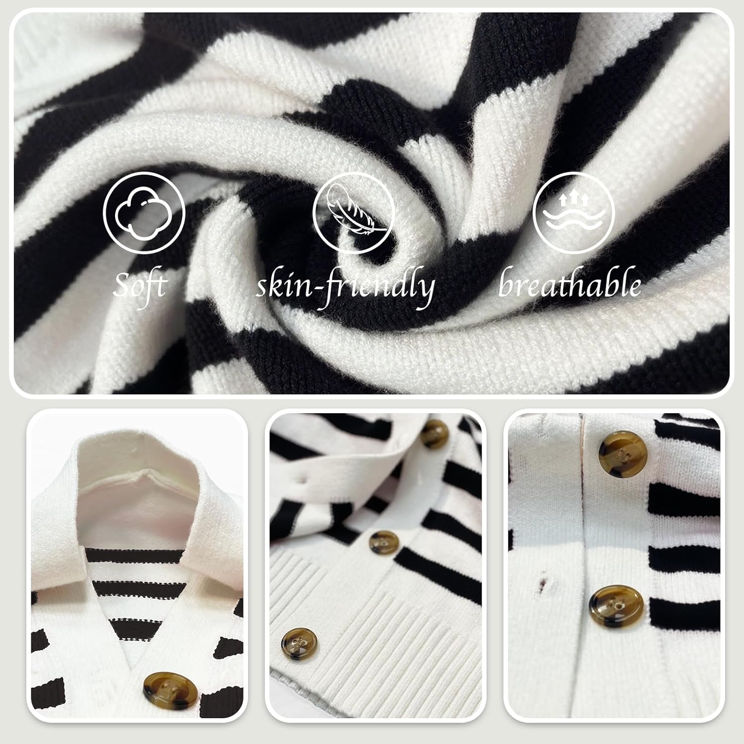 Women's Striped Cardigan Sweaters V Neck Open Front Sweaters Lightweight Long Sleeve Button Tops Ribbed Knit Outerwear - Image 5