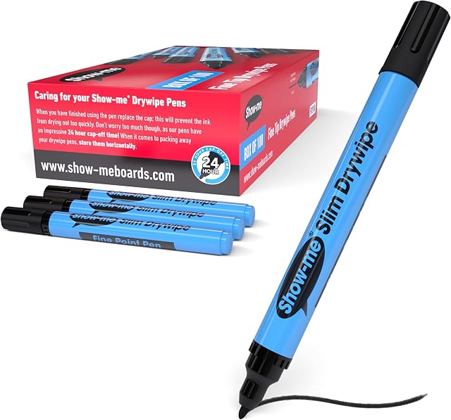 Show-Me Whiteboard Pens, High-Quality Marker Pens For Whiteboard, Long-Lasting Whiteboard Markers With Easy-Fit Lids, Comfortable & Safe Dry Wipe Markers With Anti-Splay Nibs - Fine, Black, 100PK