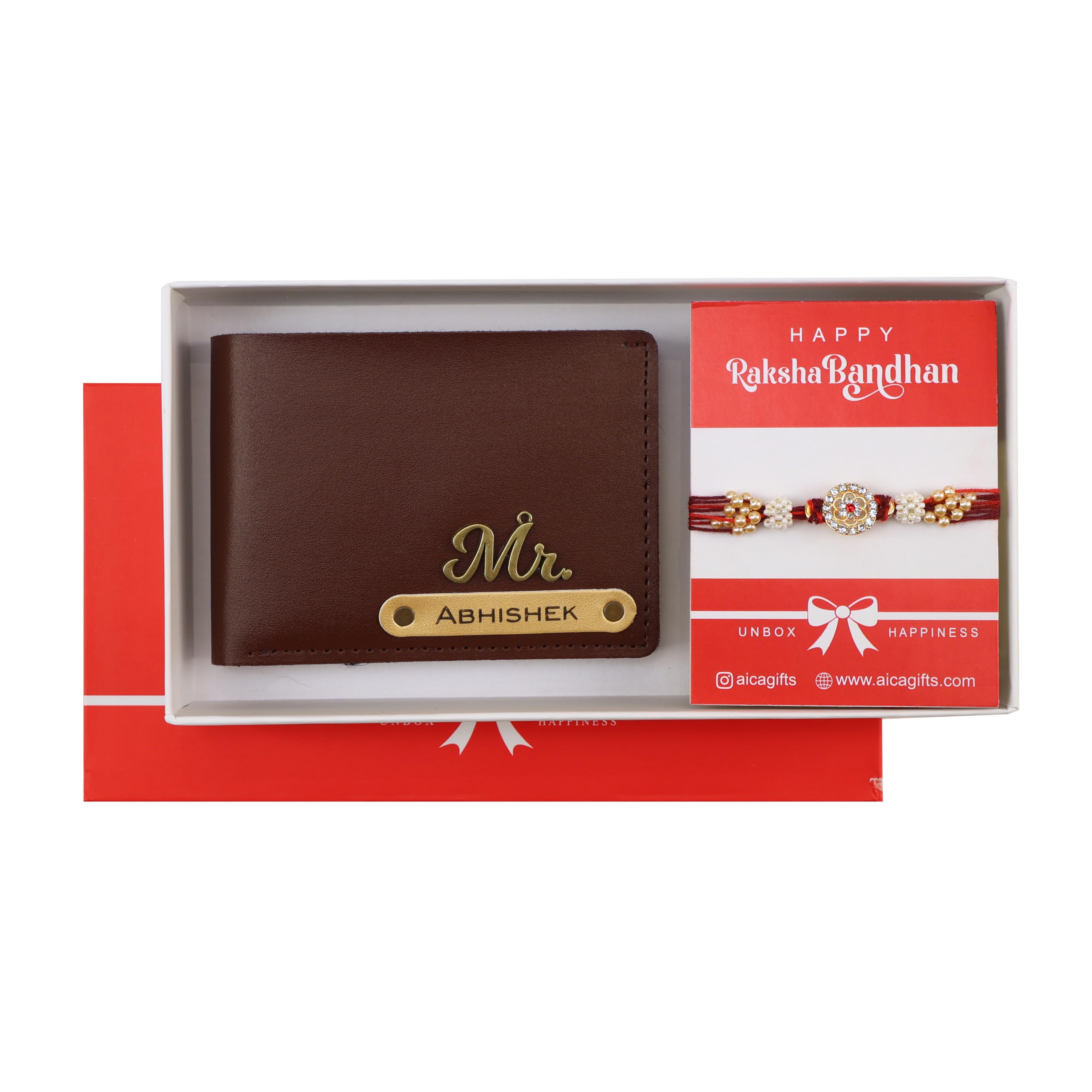 AICA Personalized Name Leather Mens Wallet (Dark Brown) | Rakhi Set for Brother |Rakhi Hamper for Brother | Rakshabandhan Gift for Brother