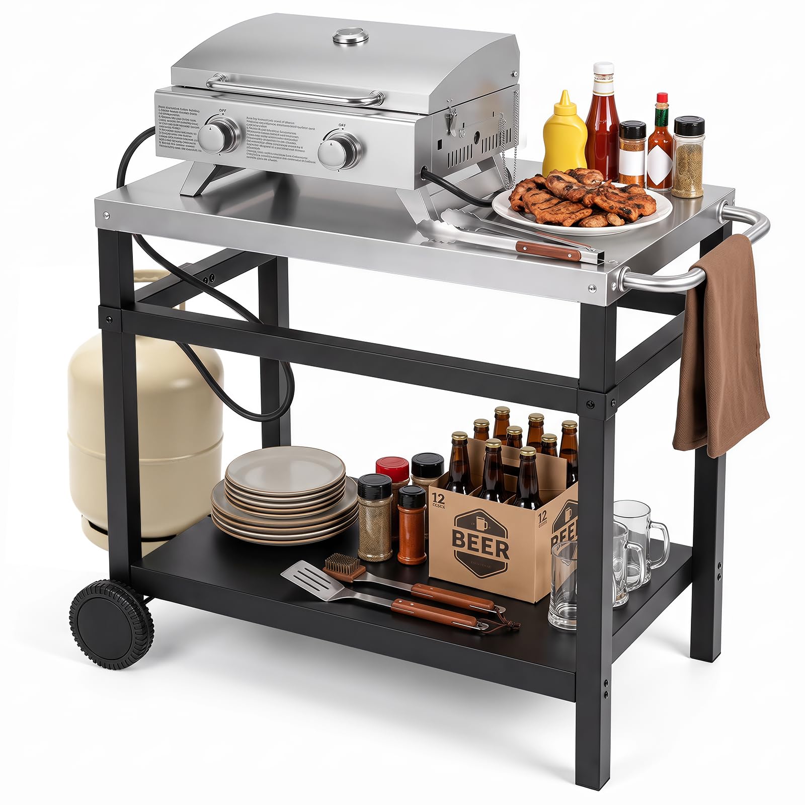 COSTWAY Carrello per Barbecue a 2 Ripiani con Ruote, 90 x 59 x 81 cm