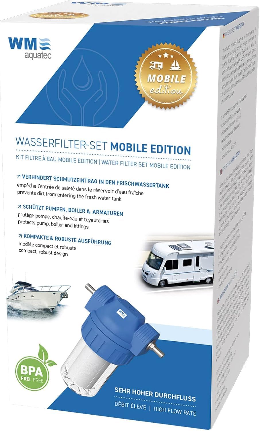 WM aquatec Wasserfilter-Set Mobile Edition inklusive Zubehör für Wohnmobil, Caravan und Boot & Aktivkohle Filterelement kompatibel mit Wasserfilter-Set Mobile Edition & Wasserfilter-Gehäuse Grösse S