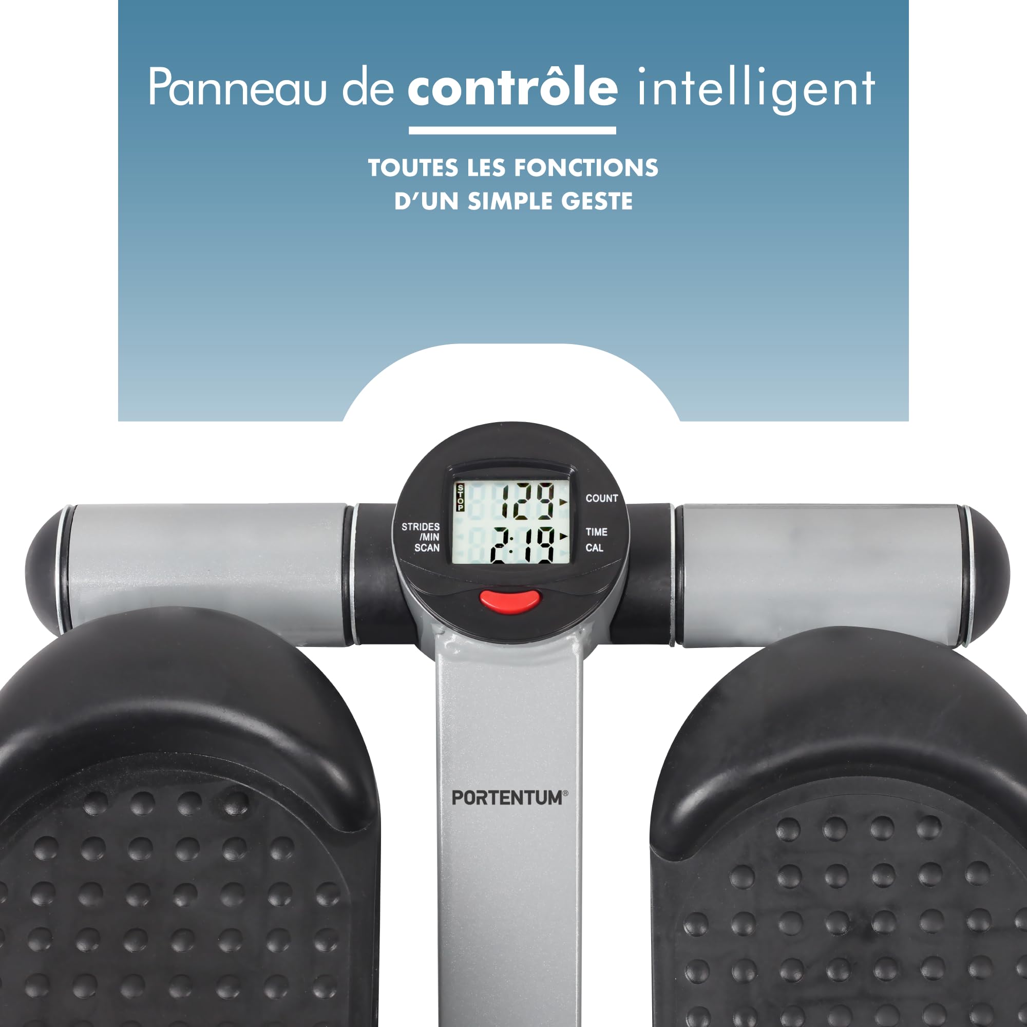 PORTENTUM Mini Stepper Fitness Appartement avec Bandes de résistance et écran LCD 5 Fonctions — escalier Sport Maison 3-en-1 pour Jambes, fessiers et Bras — Intensité réglable — Compact