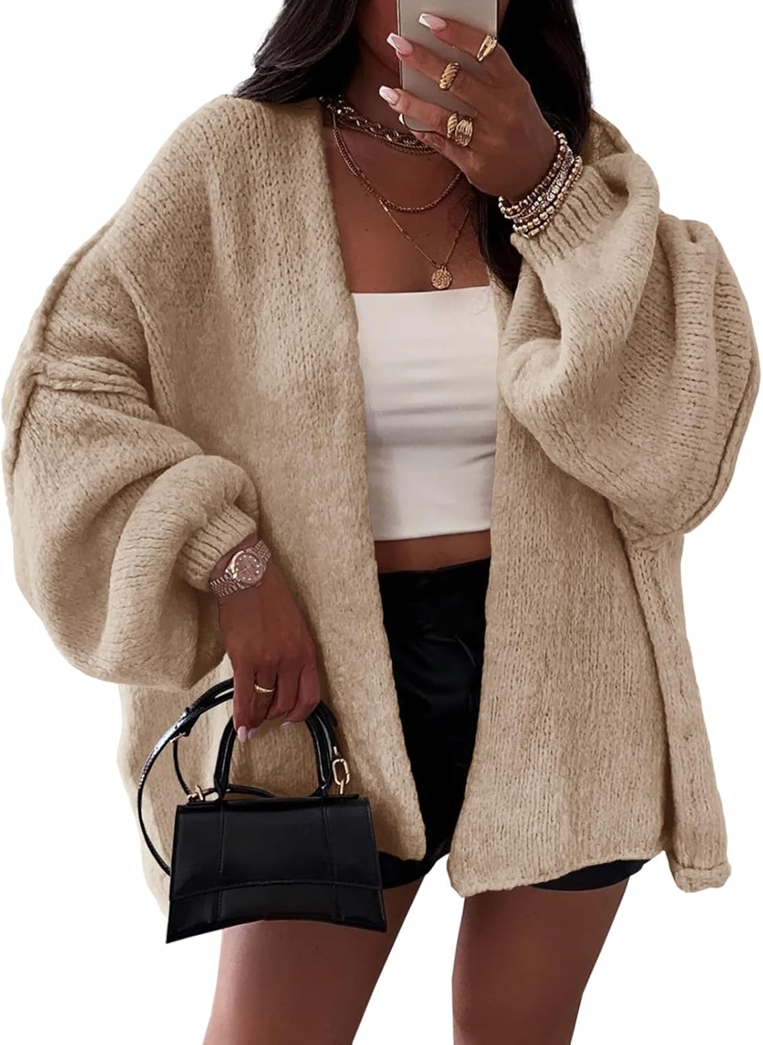 BKBEY Womens Oversized Chunky Cardigan Lantern Sleeve Open Front Loose Fall Slouchy Sweater Coats