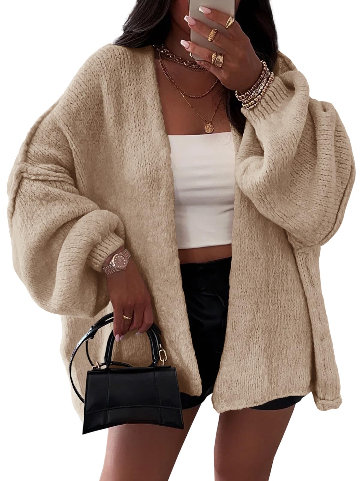 Womens Oversized Chunky Cardigan Lantern Sleeve Open Front Loose Fall Slouchy Sweater Coats