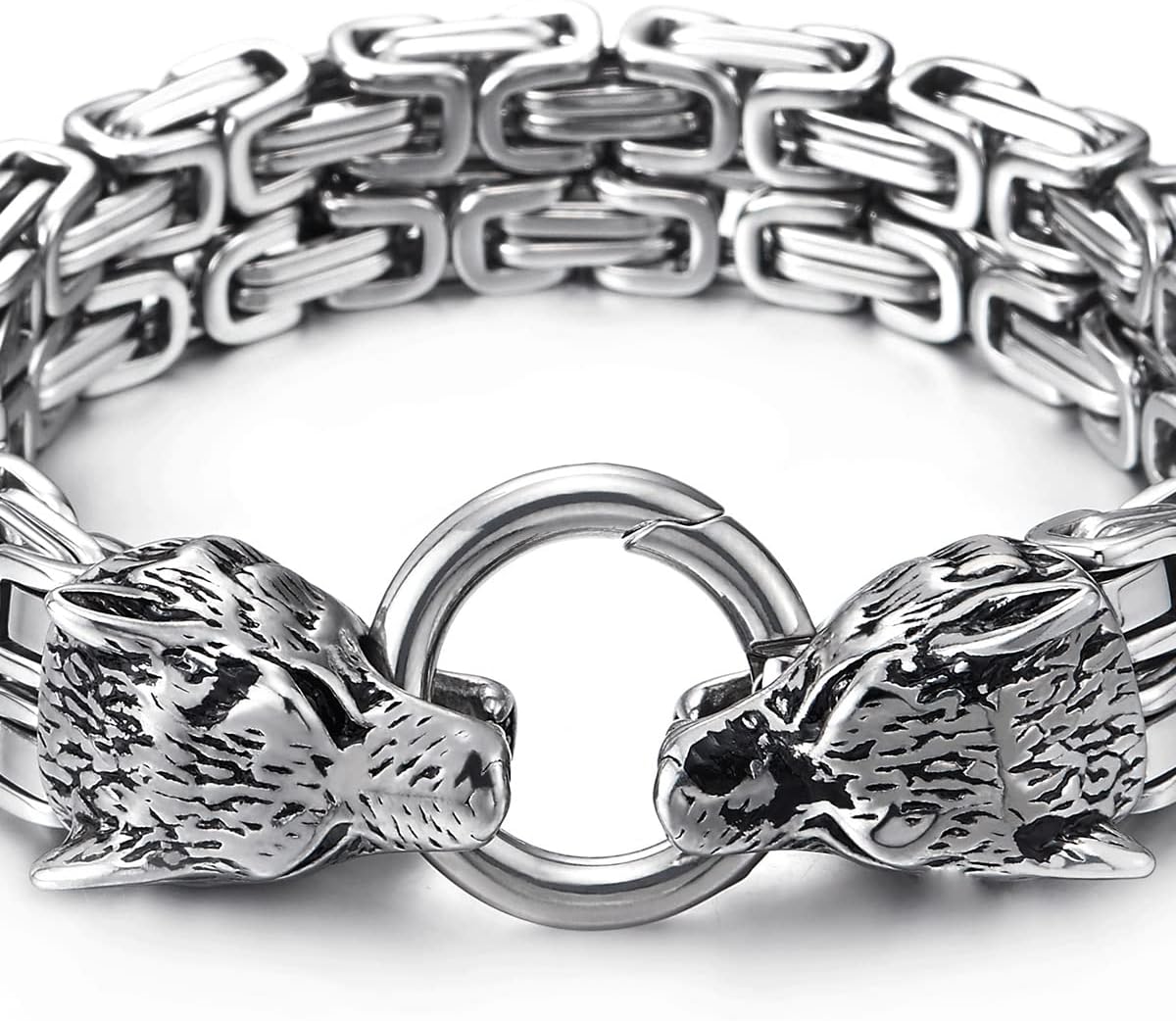 COOLSTEELANDBEYOND Mens Stainless Steel Two-strand Braided Byzantine Chain Bracelet with Wolf Heads, Spring Ring Clasp