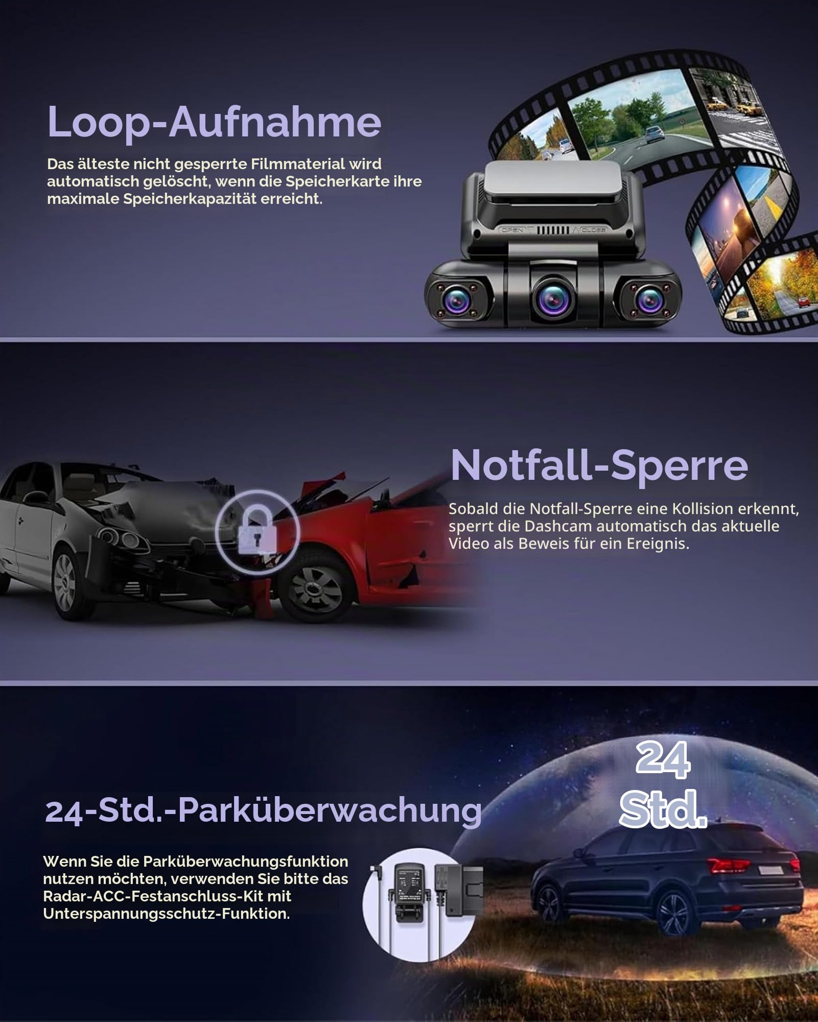 Rhorawill 4 Kanal Dashcam Auto Radar Bewegungserkennung Dash Cam,1080P 3.0"