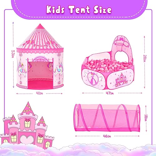 Miniatura 6 de Tienda de campaña de princesa 3 en 1 para niños casa de juegos desplegable para niños pequeños con túnel de gateo, piscina de pelotas y tienda de
