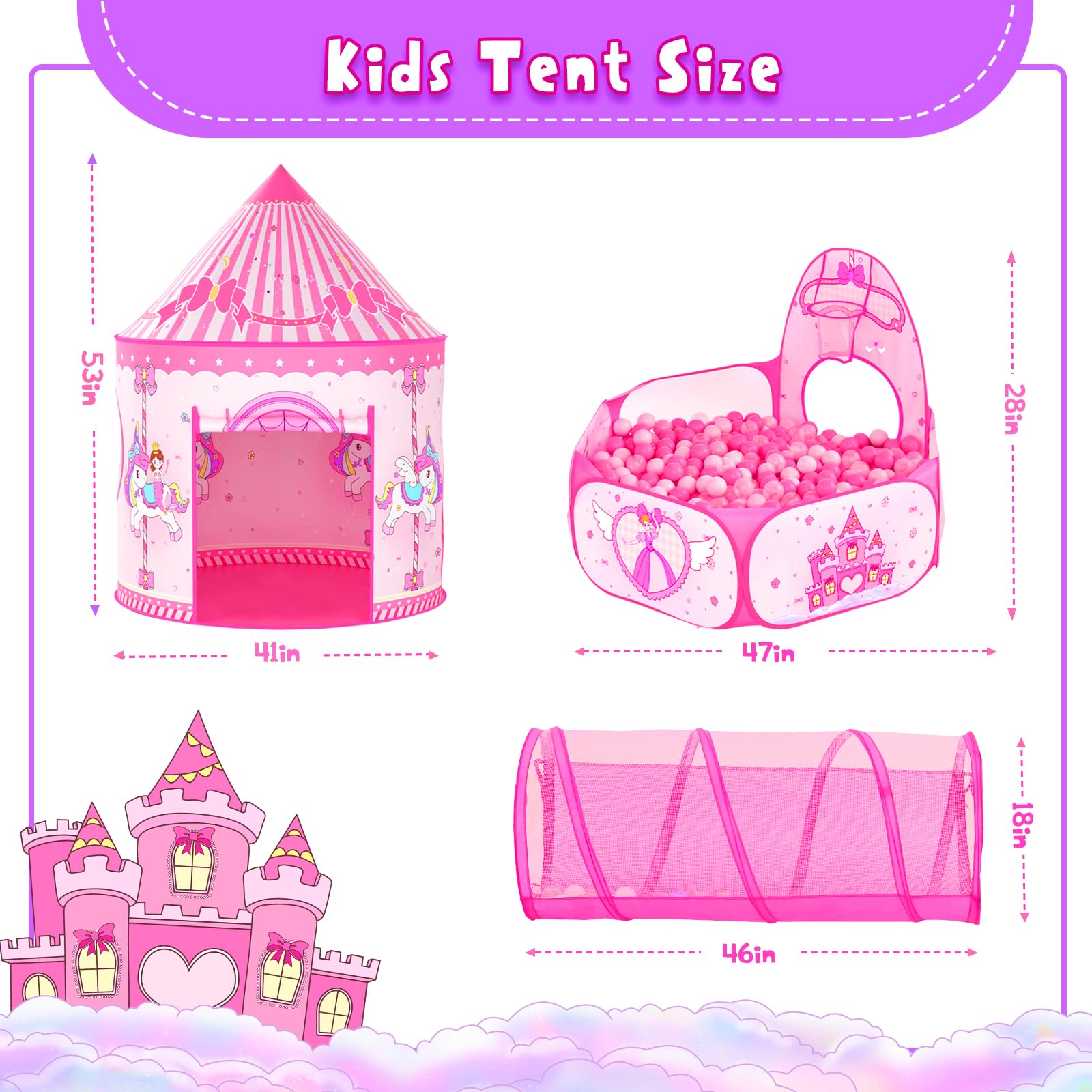 Tienda de campaña de princesa 3 en 1 para niños: casa de juegos desplegable para niños pequeños con túnel de gateo, piscina de pelotas y tienda de campaña de castillo, juguetes de tienda de campaña 6
