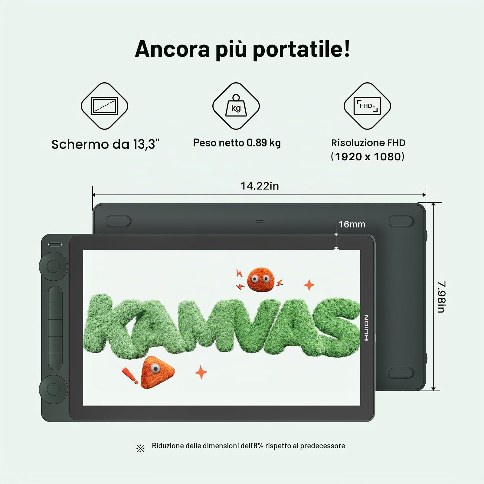 HUION Kamvas 13 (Gen 3) SE - Tavoletta grafica con schermo in vetro antiriflesso da 13,3 pollici con PenTech 4.0, pressione della penna 16384 per PC, Mac, Android
