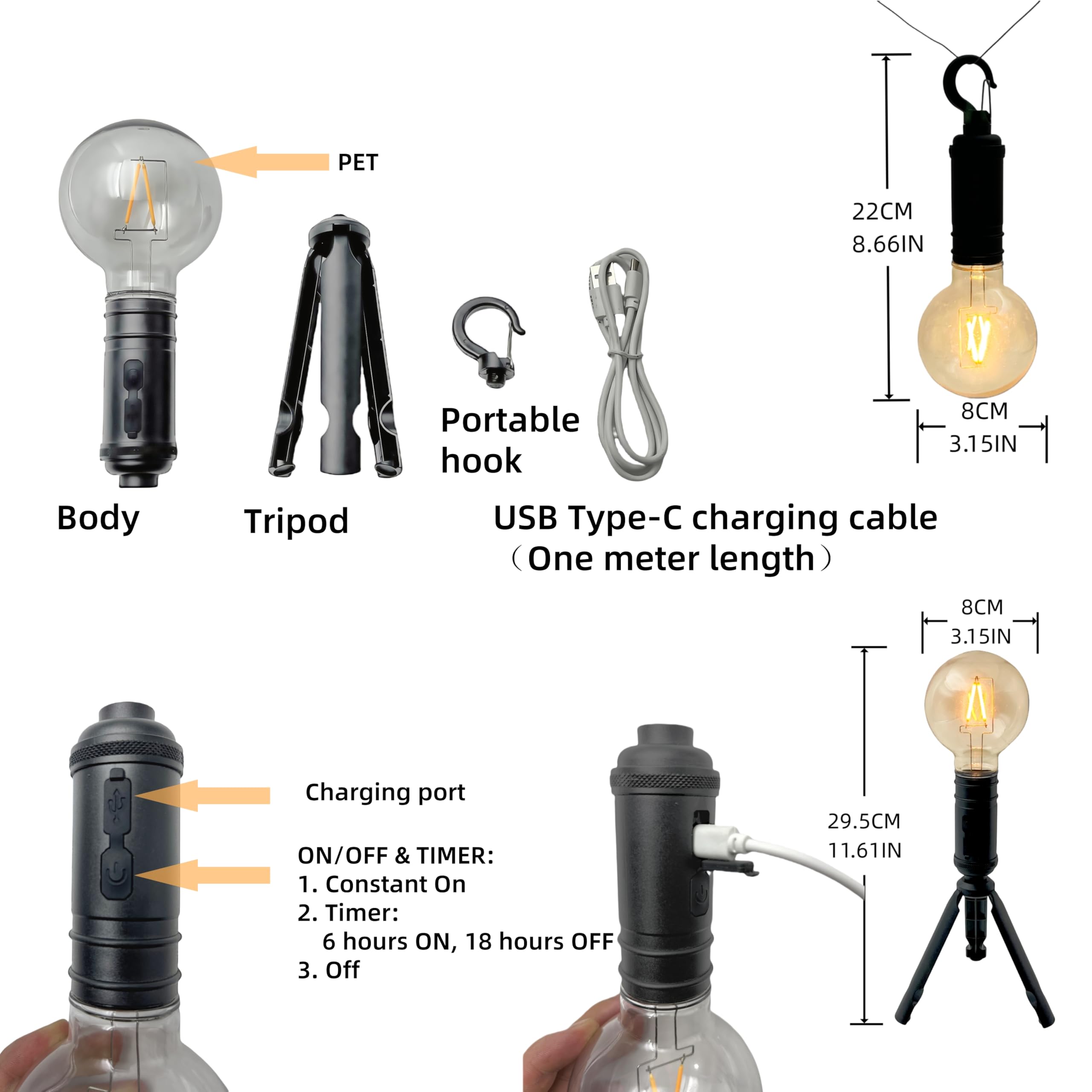 Gloworm Lampe de table LED 2 en 1 et lampe de camping avec crochet portable et support triangulaire, alimentée par piles, minuterie 6H, étanche, matériau ABS et PET, pour décoration intérieure et