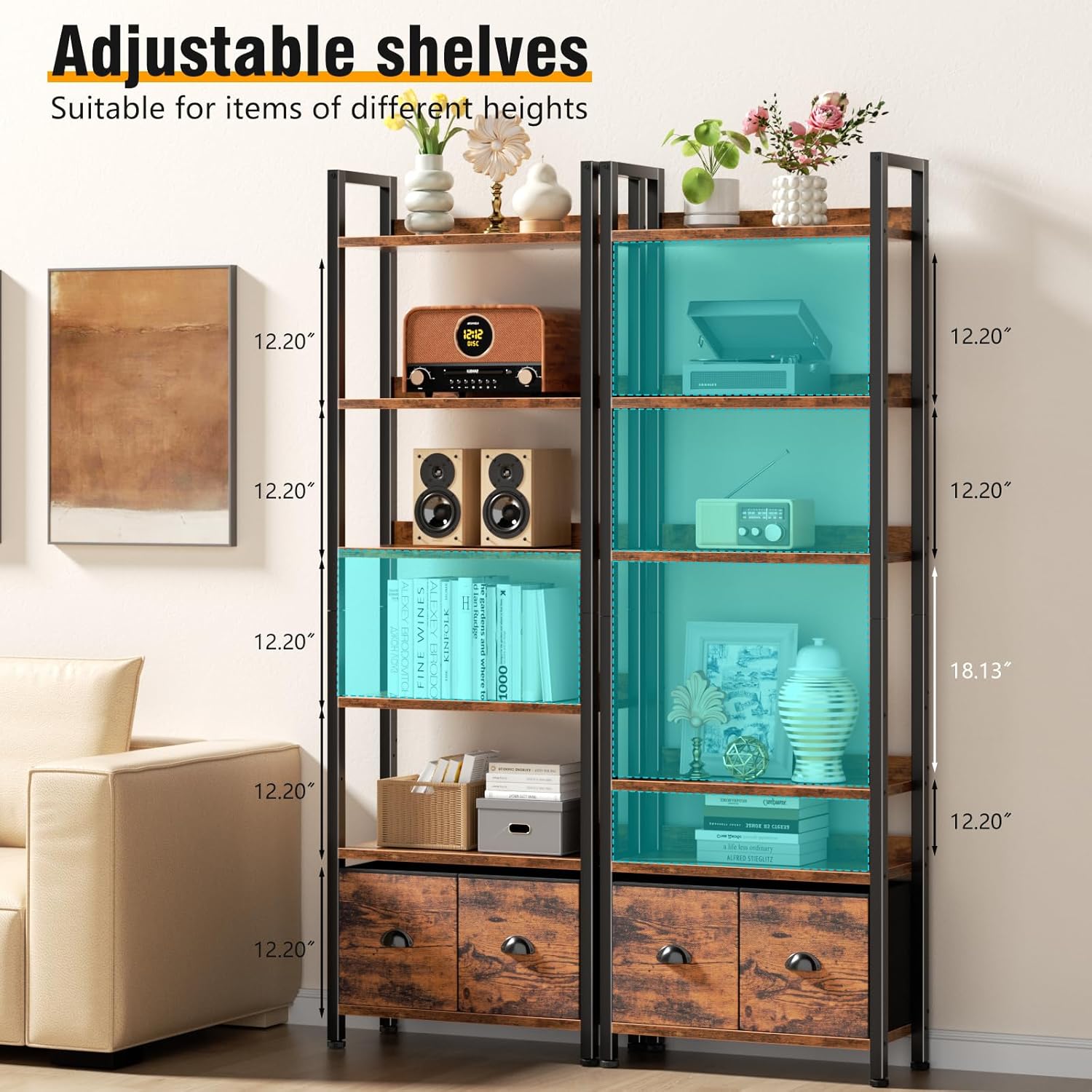 Furologee 6-Tier Bookshelf, Tall 71" Rustic Bookcase with 2 Drawers Storage Organizer, Industrial Display Free Standing Shelf Units, Wood and Metal Storage Rack for Home Office, Bedroom, Rustic Brown | Bookcase, 2 Drawers, Storage Organizer, Industrial, Display, Shelf Units