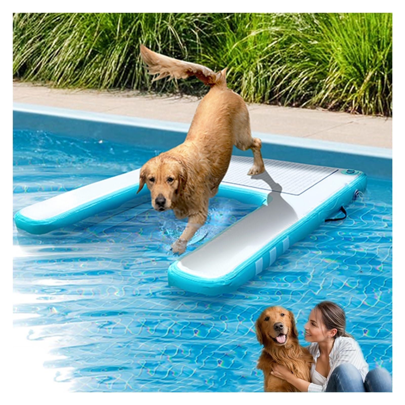 rampa de Agua para Perros Rampas para Perros Grandes, 152 x 101 cm, Escalera Flotante Inflable para Piscina con escalón y Espuma EVA Antideslizante, para Perros de hasta 104 kg(Green)