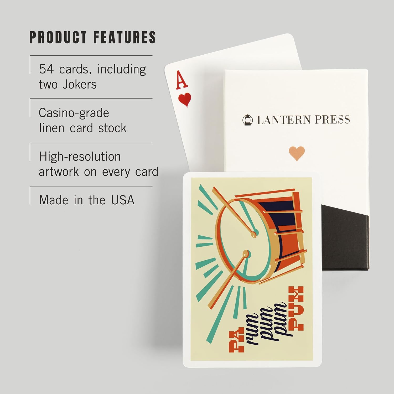 Lantern Press Drummer Boy, Retro Christmas, 52 Playing Cards for Adults, Poker Size Card Deck