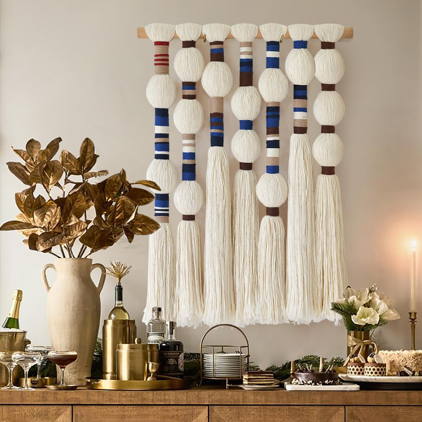 Flber Macrame Wall Hanging Woven Blue Handmade Cotton Yarn with Ball-shaped Tassels Geometric Boho Wall Decor for Bedroom & Living Room 15.7" Wx 21.6" L