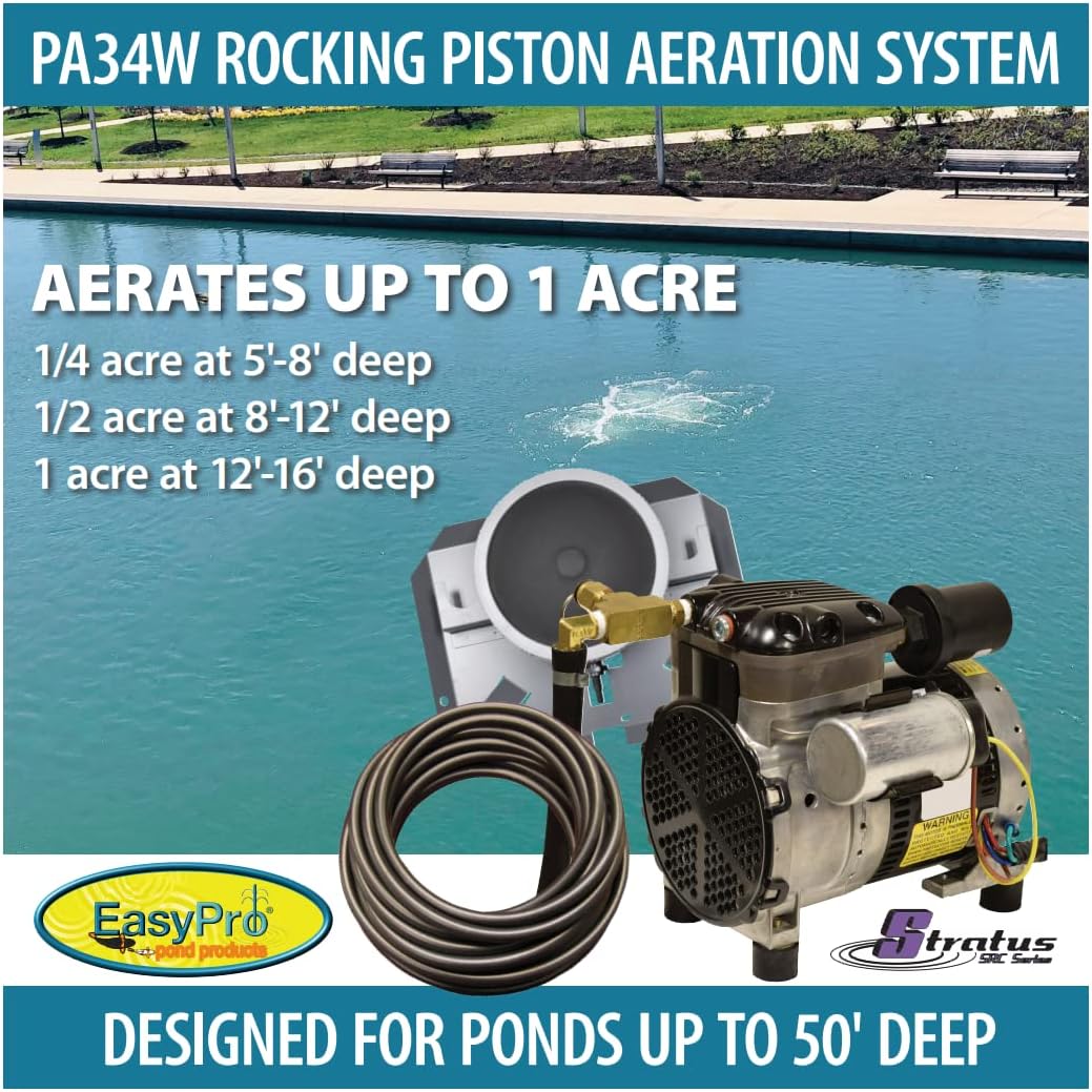 EasyPro PA34W Rocking Piston Pond Aeration System / 1/4 hp Kit with QS1 Single Diffuser / 100' Quick Sink Tubing / 115 Volts