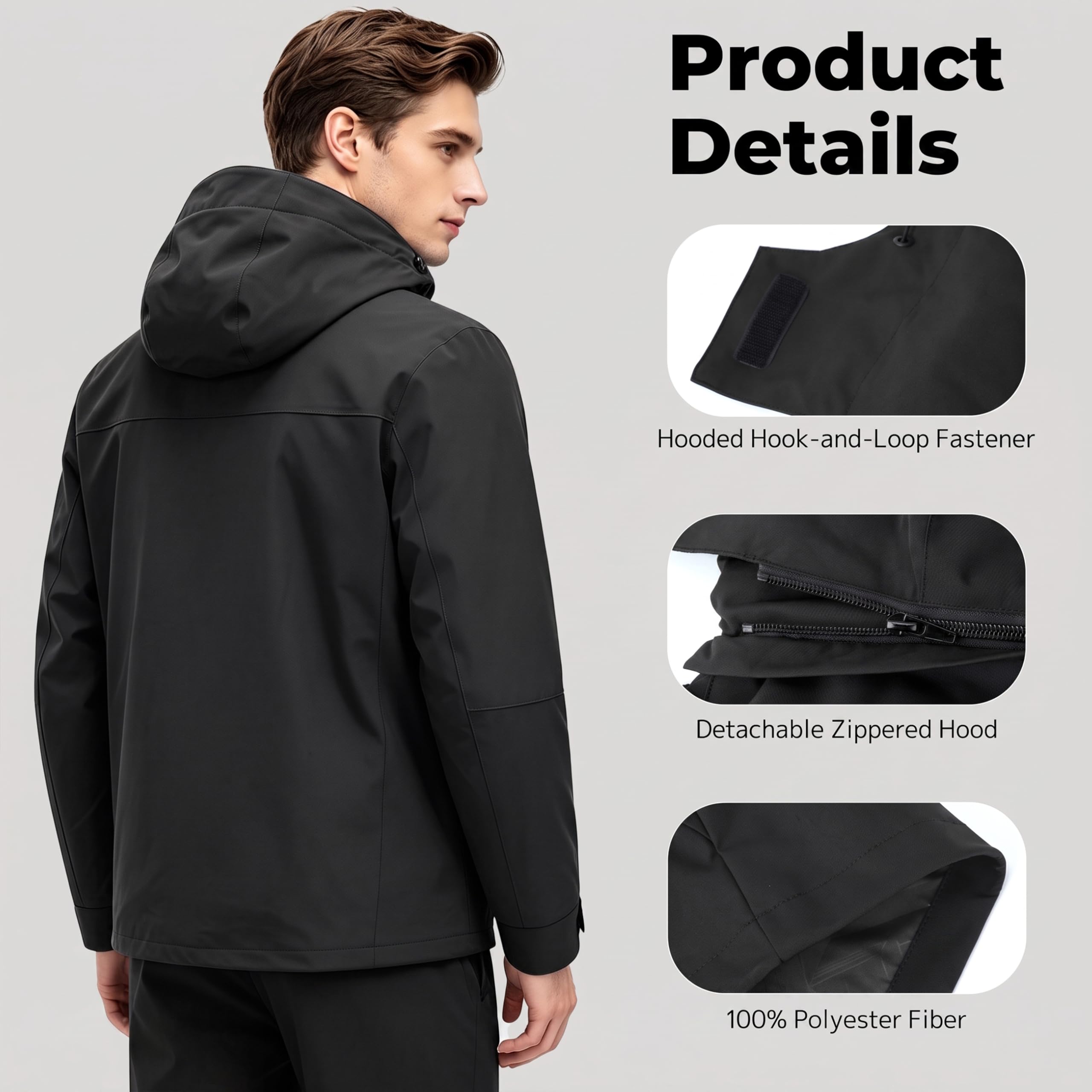 Veste Déperlante Homme Double Couche Coupe-Vent Léger Manteau Randonnée Extérieur Capuche Amovible