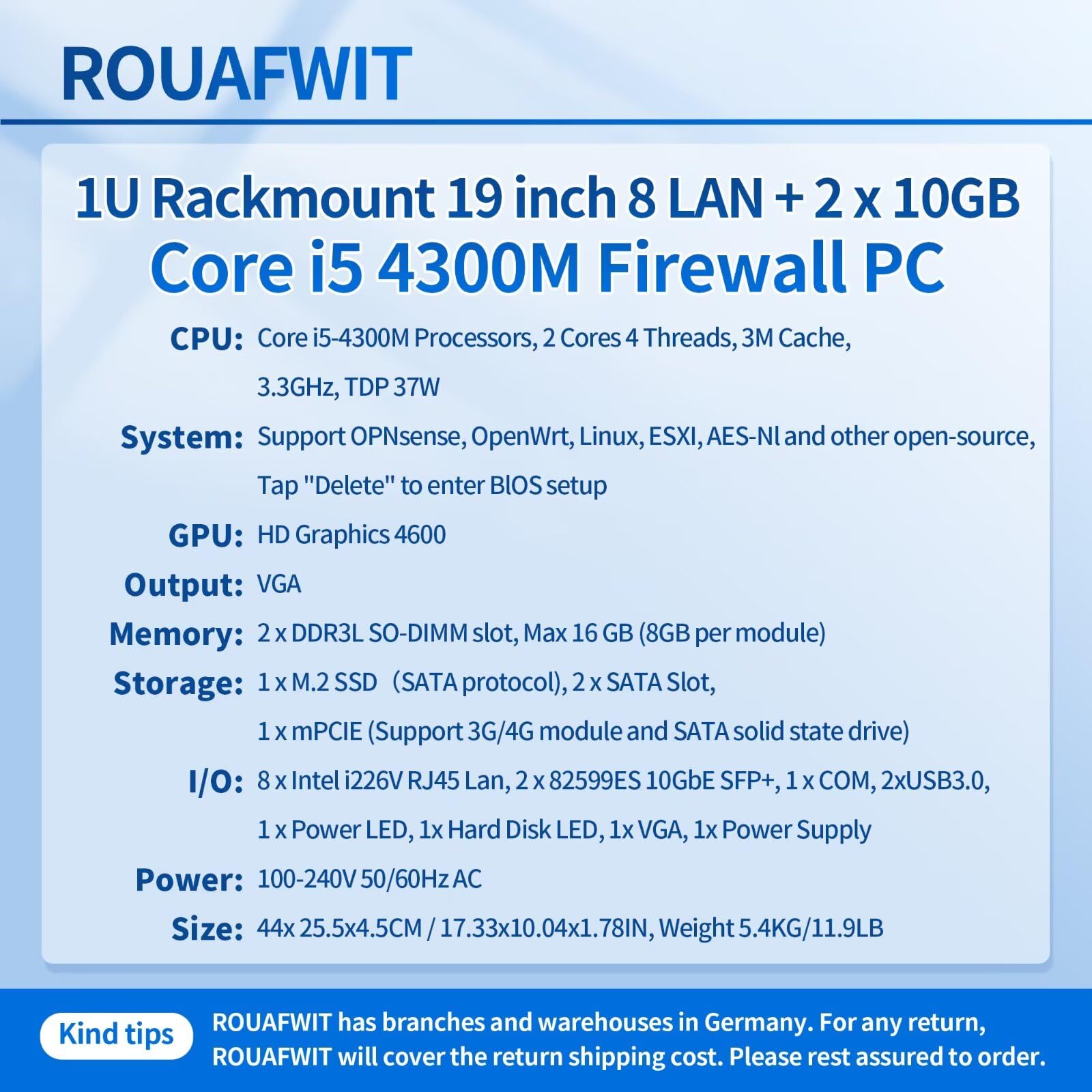 1U Firewall Appliance Z87, Core i5 4300M, 2x 10GBe Lan, 8 x i226V 2.5GbE LAN, OPNsense, VPN, 19 Inch 1U Network Rackmount, VGA, Console, USB3.0, DDR3L 8G RAM 128G SSD