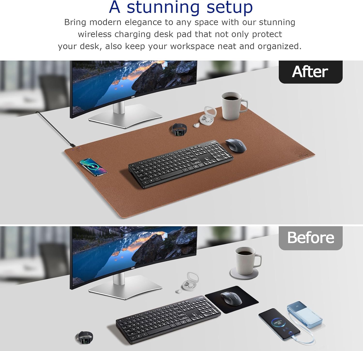 EYStech™ Desk Pad with Wireless Charger, Leather, Waterproof, Anti-Slip Wool Felt Base Material, Office Table Mat, Fast Charging Gaming Mouse Pad, 32”(L) x 16”(W), Brown (Left Side Charging Port)