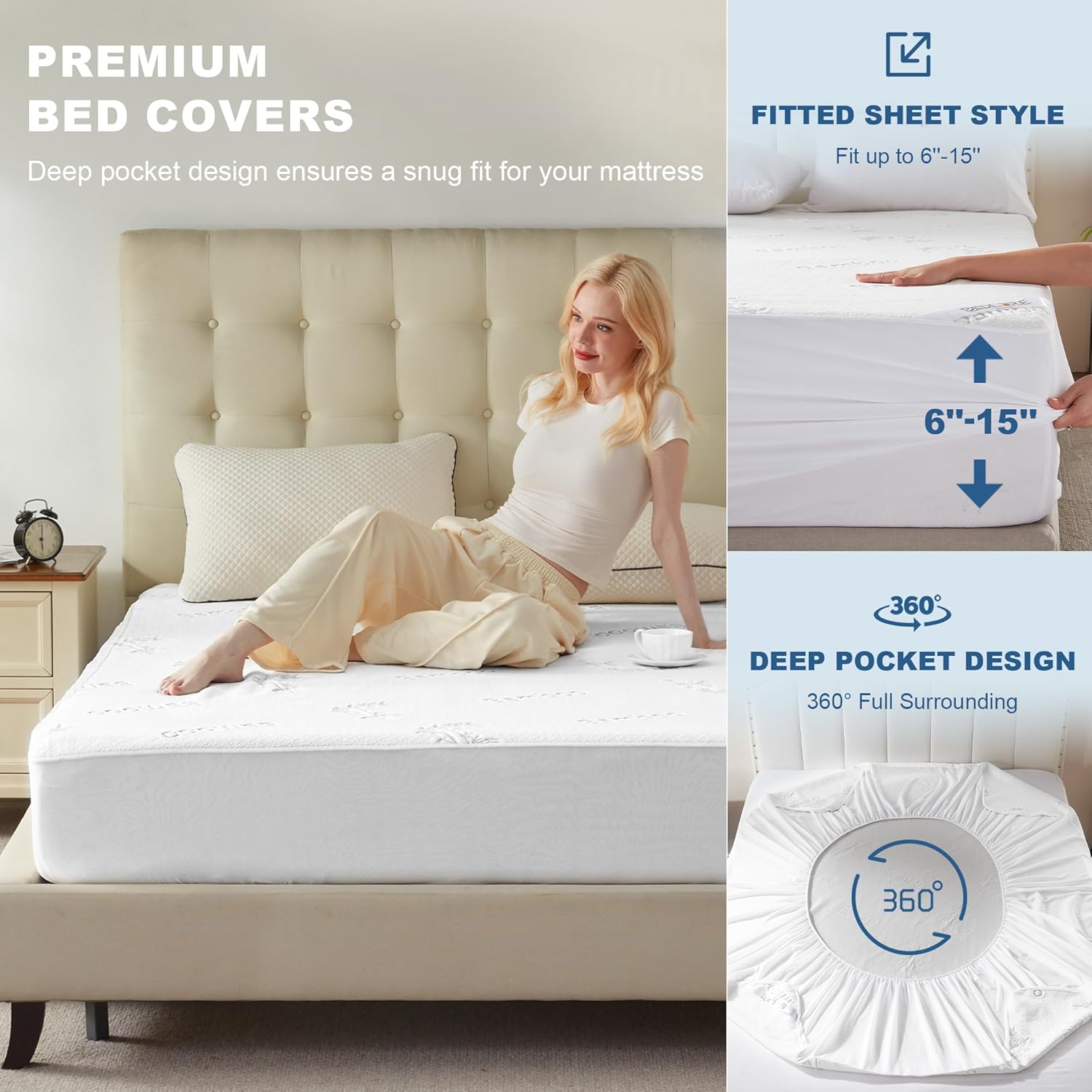 BEDLORE Full Size Waterproof Mattress Protector Viscose Derived from Bamboo, Soft Mattress Cover Fitted with Deep Pocket 6"-15", Breathable Noiseless Mattress Pad, Machine Washable(White) - Image 4