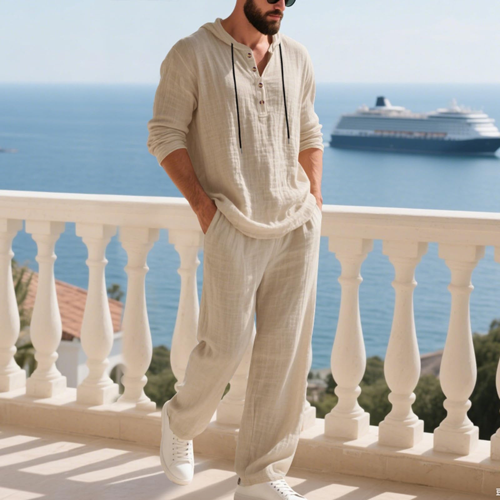 Conjunto de lino para hombre 2 piezas traje de verano manga larga sudadera capucha pantalones playa