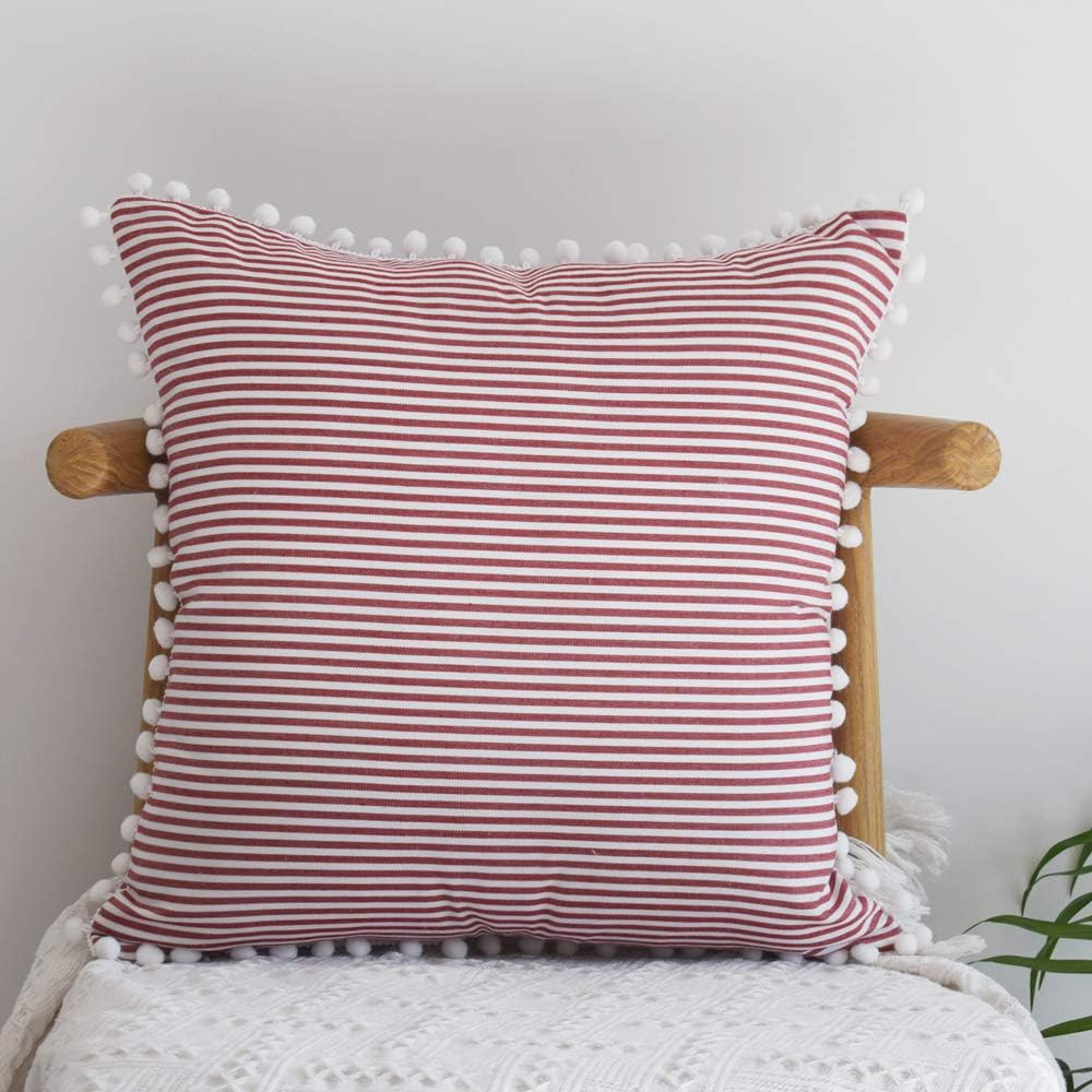 HOPLEE Decorative 20x20 Pillow Covers Red and White Tricking Stripe Throw Pillow Covers Farmhouse Pillow Covers with Poms 20x20 Inches Set of 2