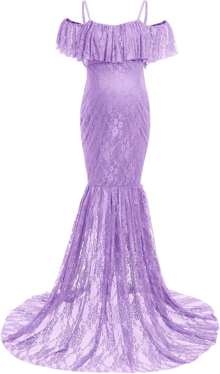 Women Spaghetti Strap Ruffle Floral Lace Maternity Dress for Photography Mermaid Off Shoulder Maternity Dress for Baby Shower