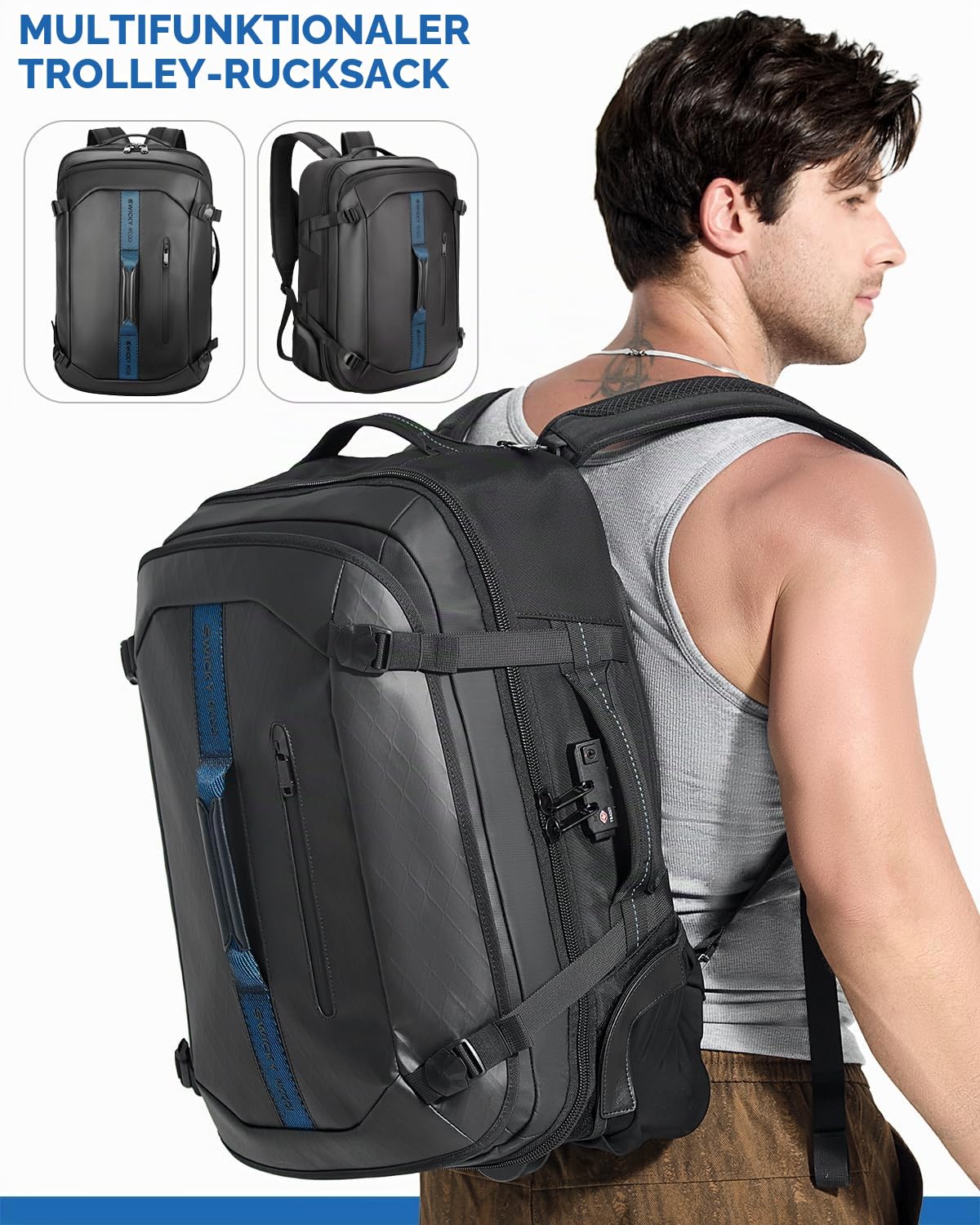 Trolley Rucksack mit Rollen – 45L Rollbarer Laptop-Rucksack inkl. 2 Packwürfeln, Wasserabweisendes Handgepäck für Flugzeug & Business, Koffer-Rucksack für Herren zum Reisen & Pendeln, Schwarz