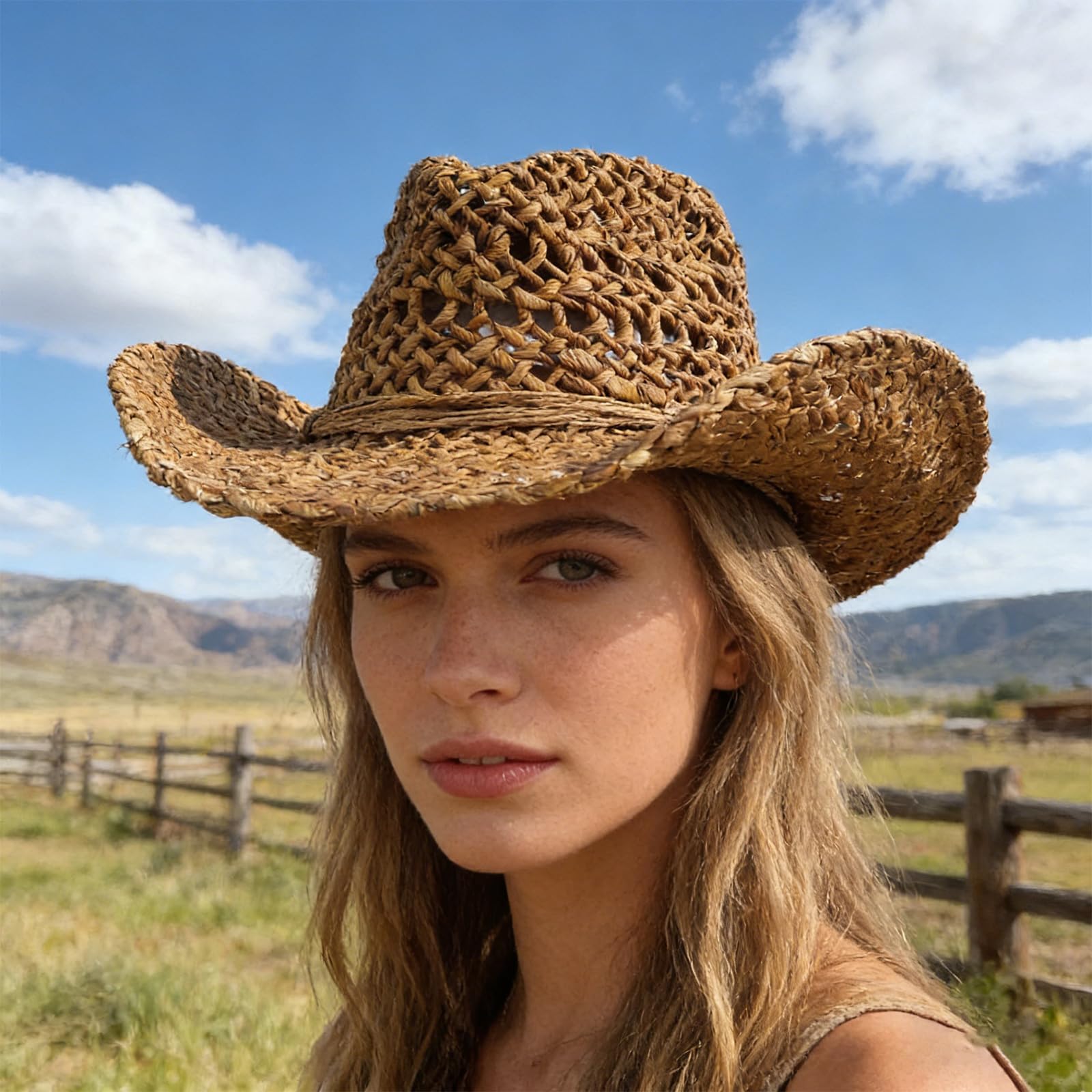 Cappello in Paglia Buccia Mais Naturale e | Dettagli traforati naturali, vestibilità pieghevole e regolabile per spiaggia all ' aperto, giardinaggio, viaggi,