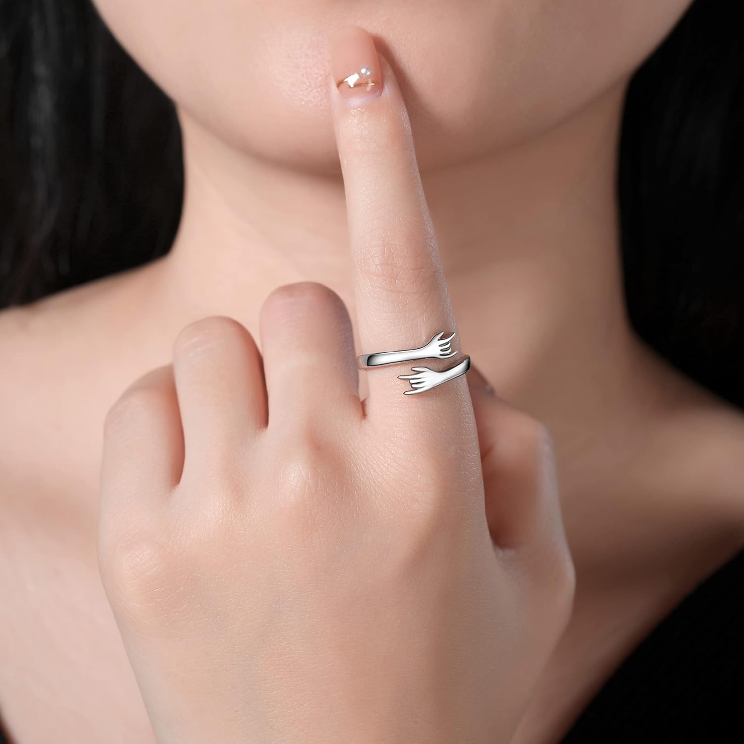ZOEXUE Hug Rings for Women Sterling Silver - White Gold/18K Gold/Thick and Thin Ring Hugging Rings for Men Rock Hip Pop Hand Band Rings I Love You Forever Hugging Hand Ring Jewelry - Image 3